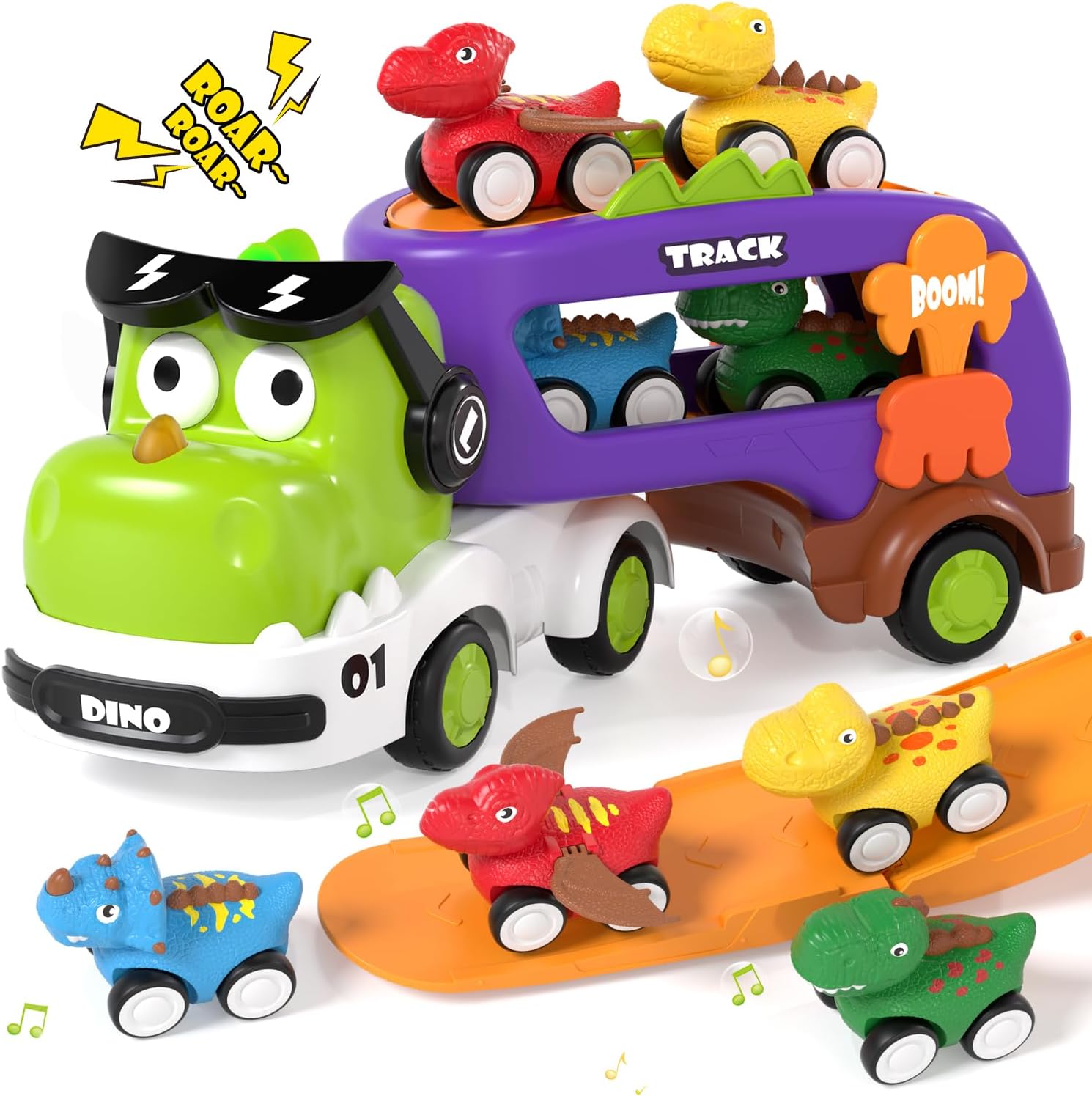 Detalle de Lehoo Castle 5-in-1 Dinosaur Truck Toddler Toy (LED, Pull Back, Slide Park) for 2 Year Olds