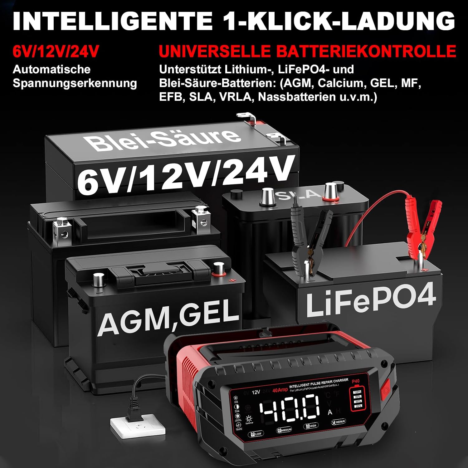 Thumbnail 1 de 40A Autobatterie Ladegerät – 6V/12V/24V LiFePO4 Ladegerät für Auto, Motorrad, Boot und mehr