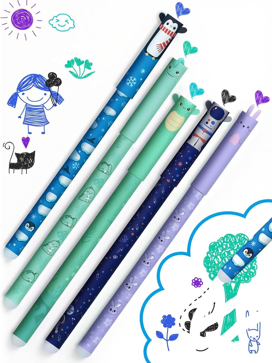 Thumbnail 3 de GutSache : lot de 5 stylos gel effaçables à encre sensible à la chaleur (pointe 0,7 mm) motifs pingouin, lapin, dinosaure, tortue & astronaute