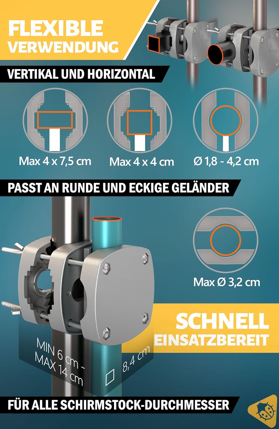 Thumbnail 3 de Menz Sonnenschirmhalter Balkongeländer SunnyBoy – kompakte Schirmhalterung für runde & eckige Geländer, flexibel montierbar (Grau)