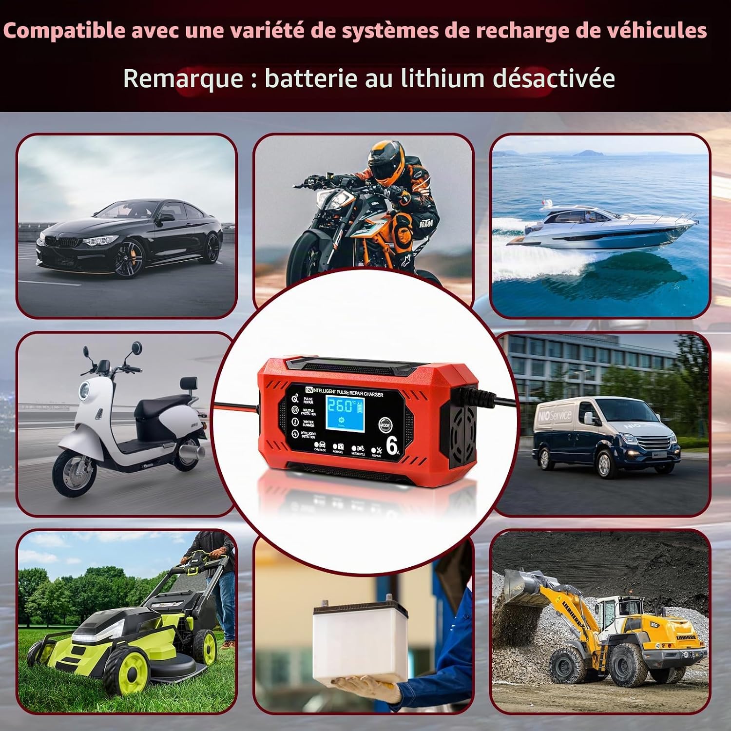 Detalle de YIIFELL 12V 6A slimme acculader voor auto en motorfiets met lcd-display