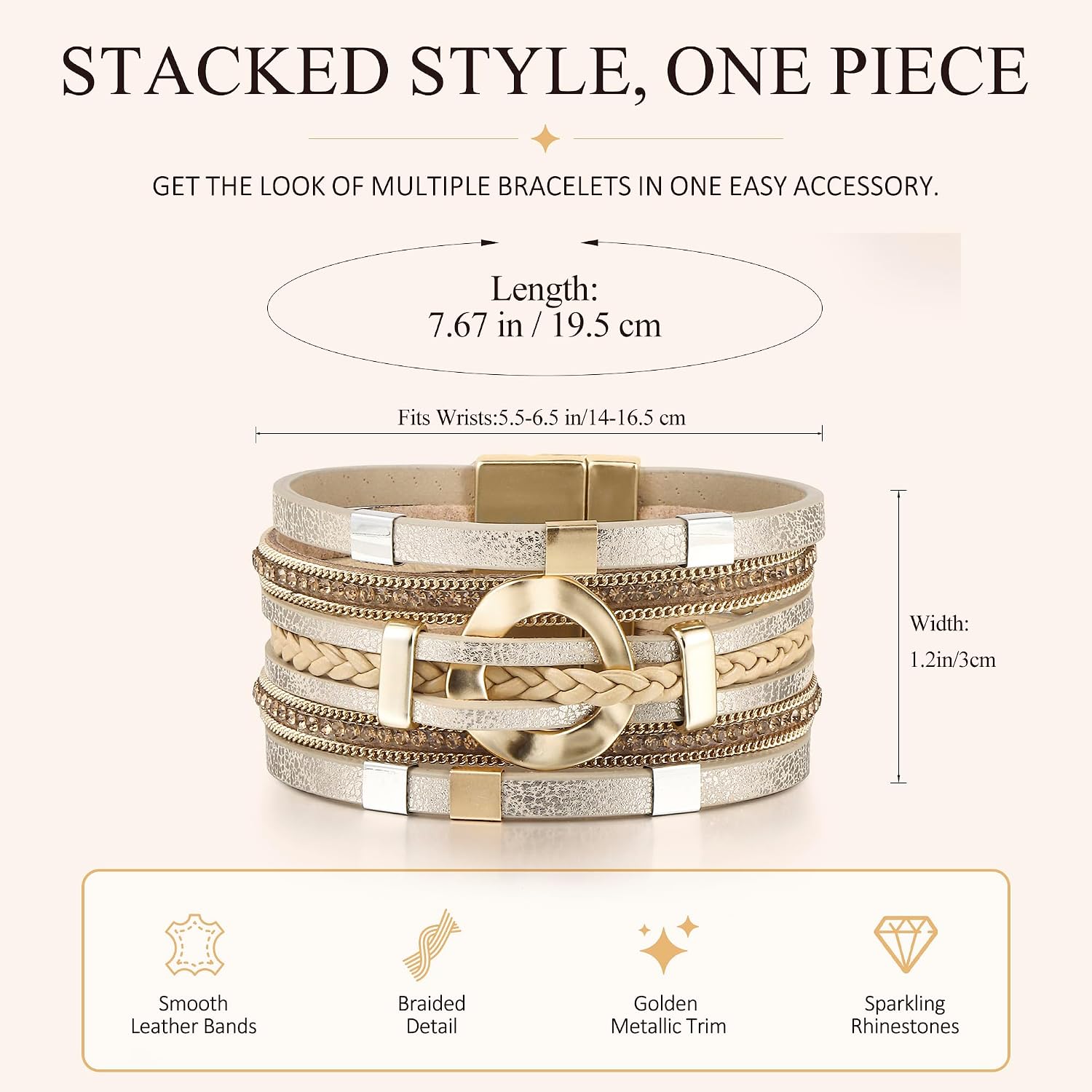 Detalle 2 de Edoneery Leather Wrap Bracelet, 7.67-Inch Cuff