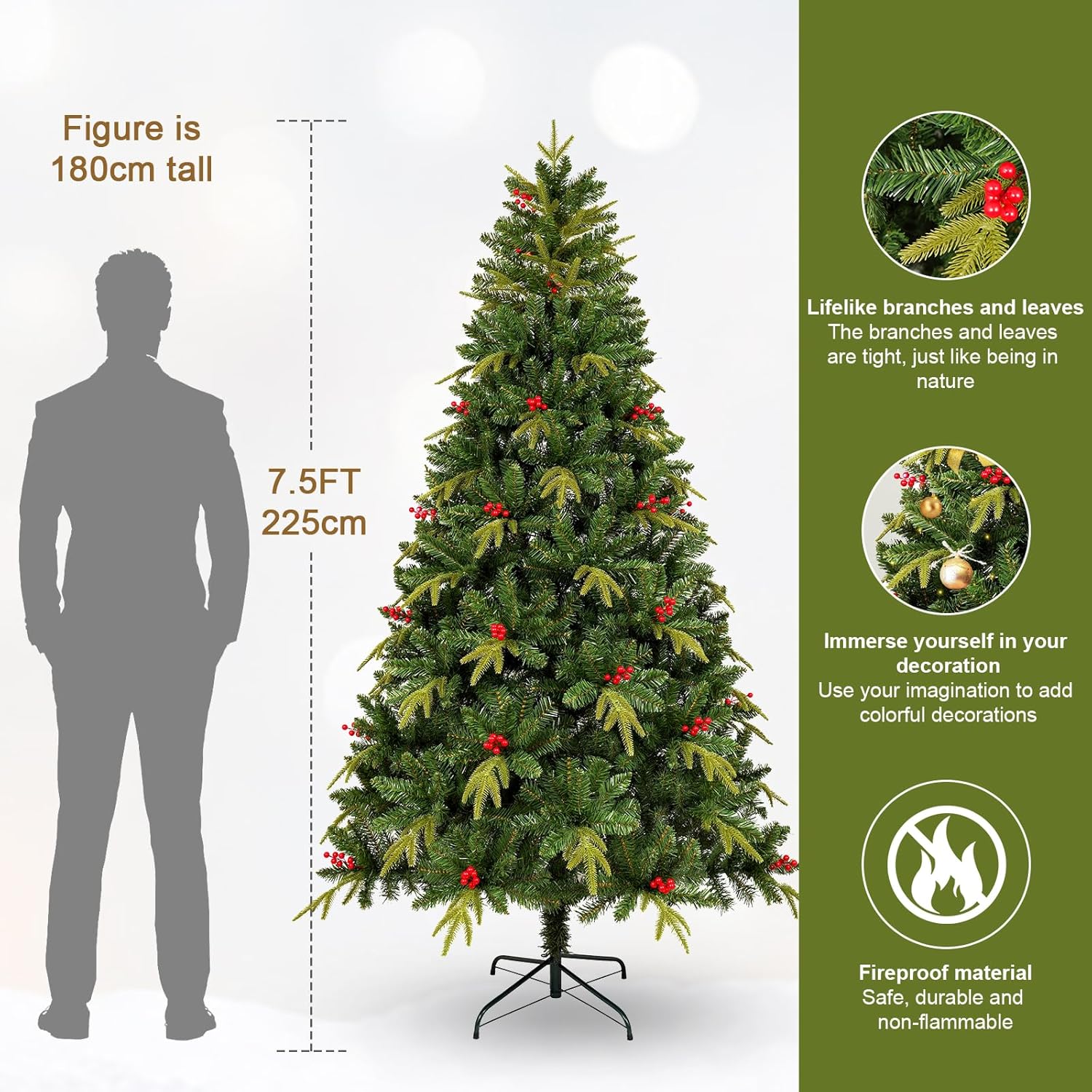 Detalle de Sapin de Noël artificiel Uten 2,25 m avec baies rouges et base métal