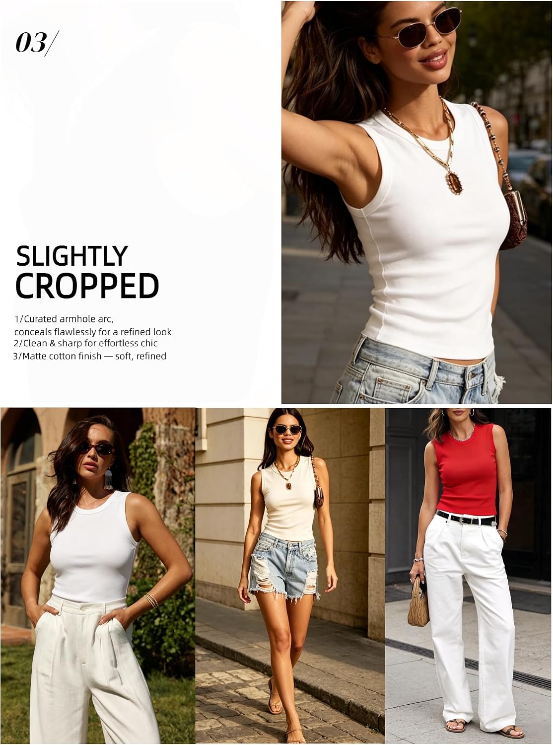Detalle de Meetrendi Women's Fitted Crop Tank Top, White Crew Neck with Wide Straps