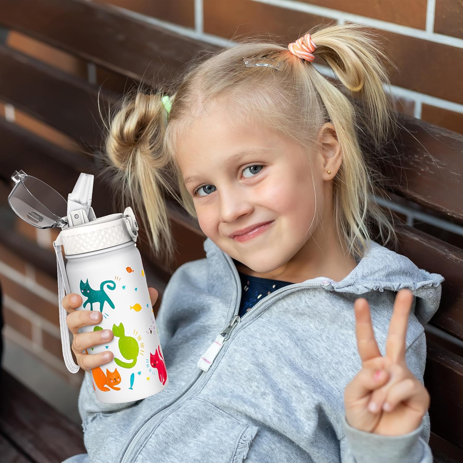 Detalle de GOPPUS Trinkflasche Kinder 420 ml aus Edelstahl mit Strohhalm – auslaufsicher, BPA-frei