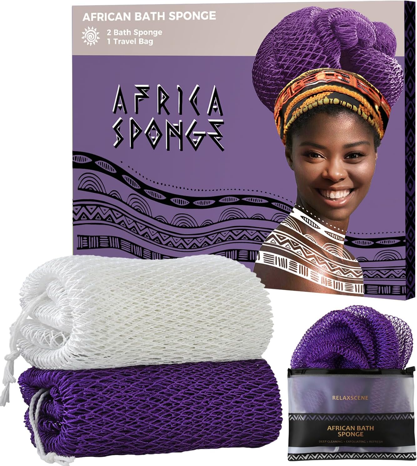 Detalle de African Net Sponge Authentic – 2-Piece Exfoliating Back Scrubbers (White & Purple)