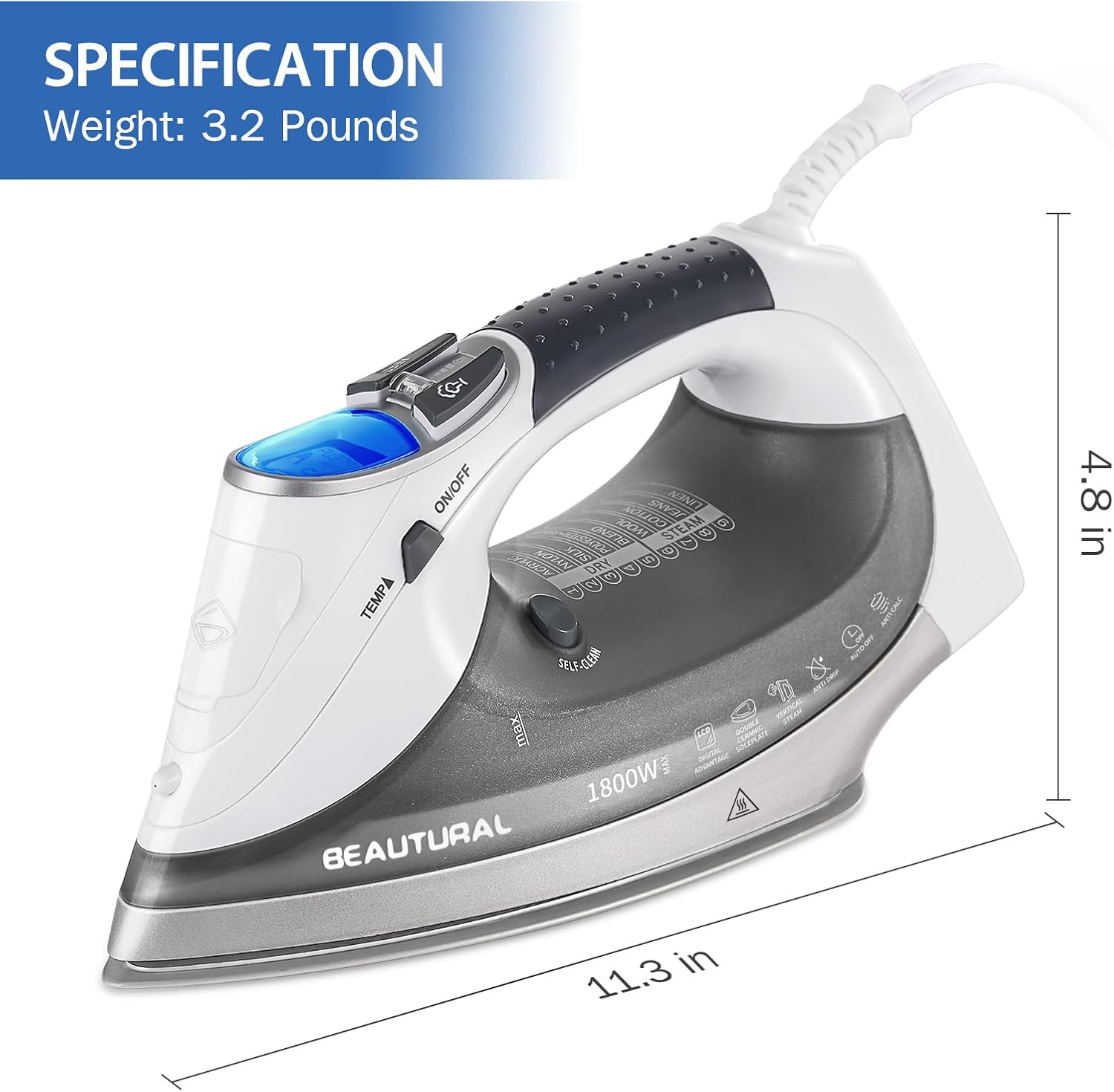Thumbnail 6 de BEAUTURAL 724NA-0001 Steam Iron with LCD, 9 Presets and Ceramic Soleplate