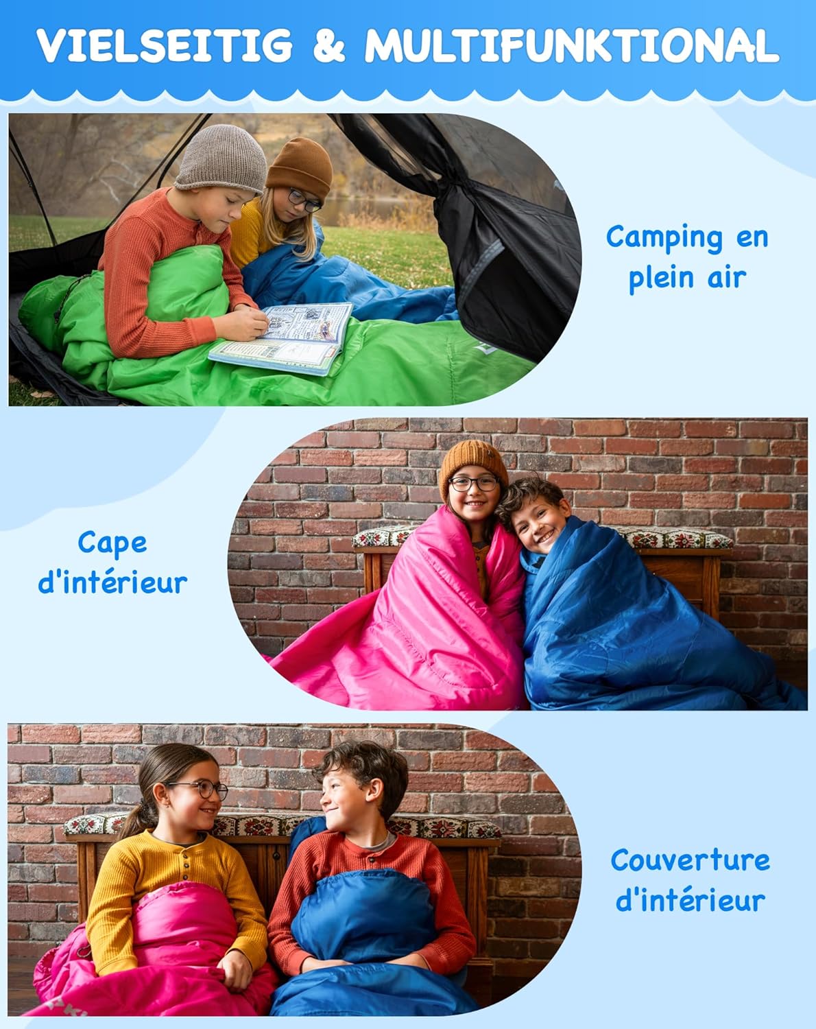 Thumbnail 5 de KingCamp sac de couchage enfant en flanelle coton (momie) 6 à 10 ans, jusqu’à 100–145 cm, compact et chaud