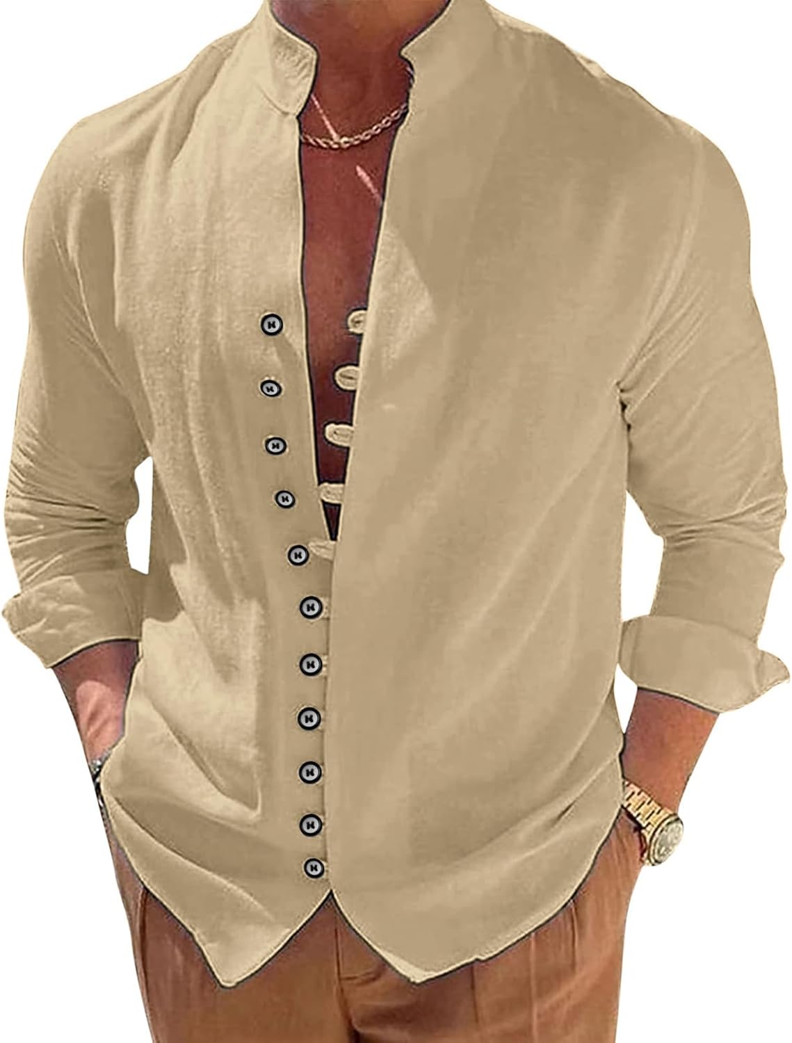Thumbnail 6 de NANAMEEI Chemise en Lin pour Homme à Manches Longues — Col Mao et Boutonnée