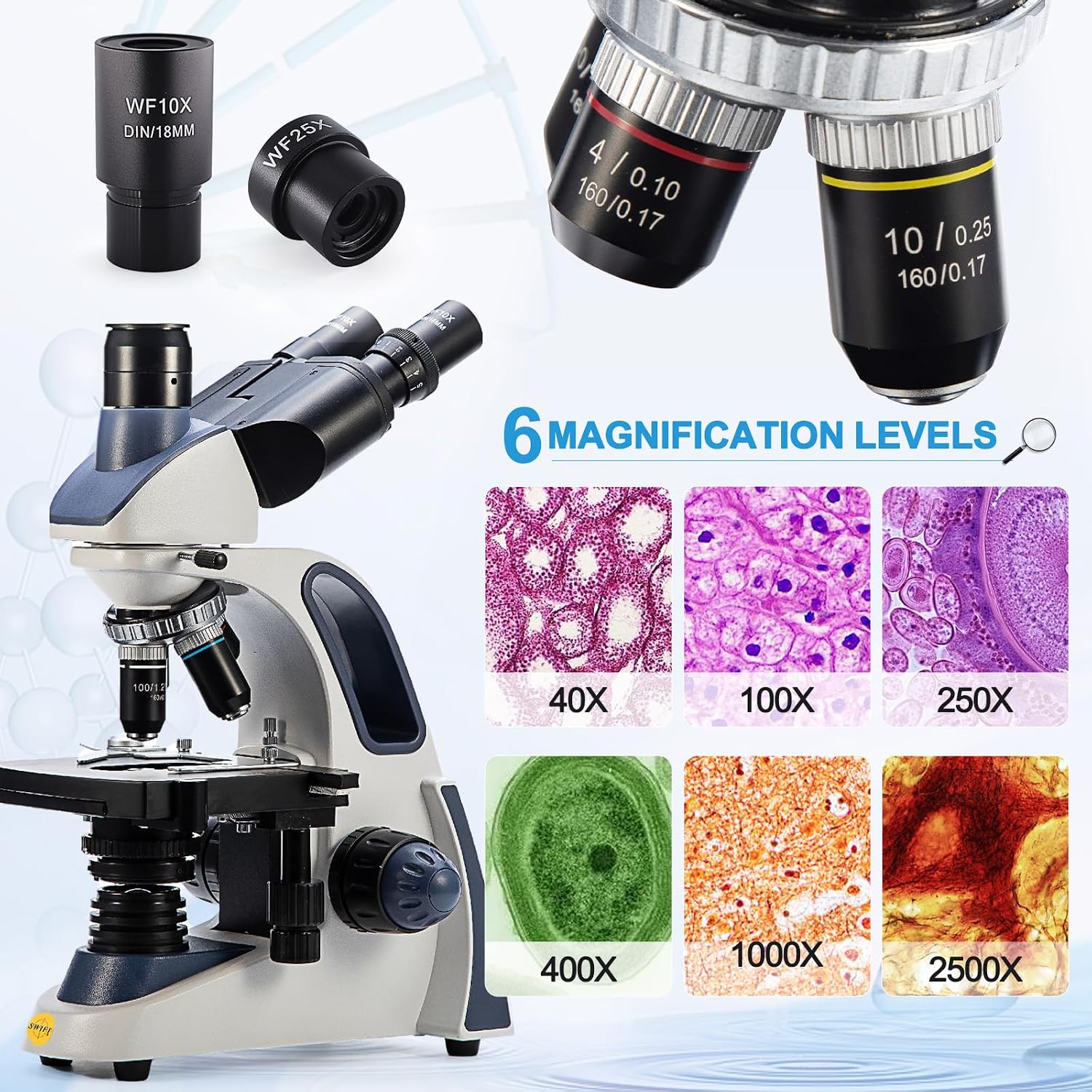 Thumbnail 1 de SWIFT SW380T Compound Trinocular Microscope with 40–2500X Magnification, 5.0MP Camera, and Included Slides