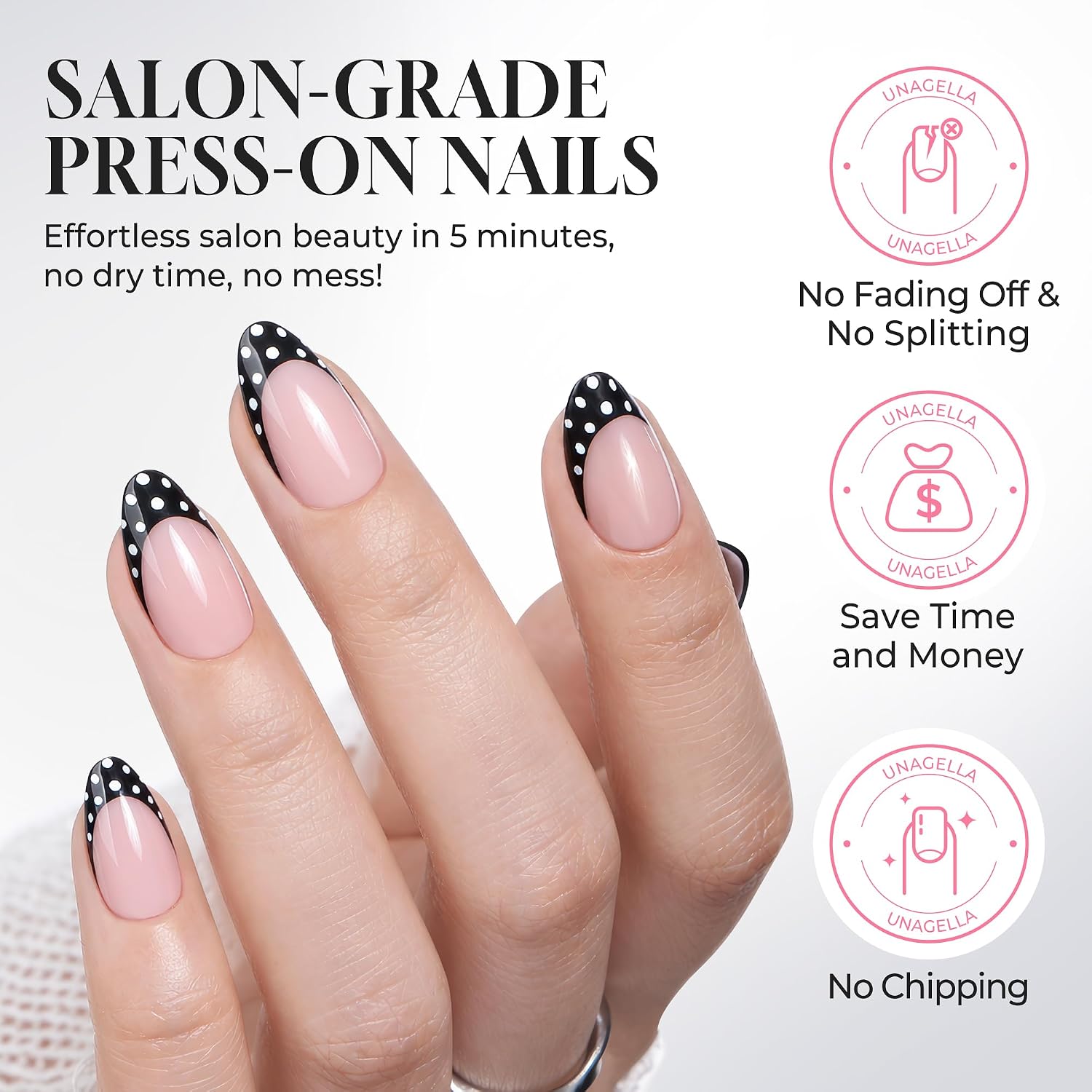 Thumbnail 6 de UNA GELLA 32-Piece Soft Gel Press-On Nails, Almond French Tips with Black Dots