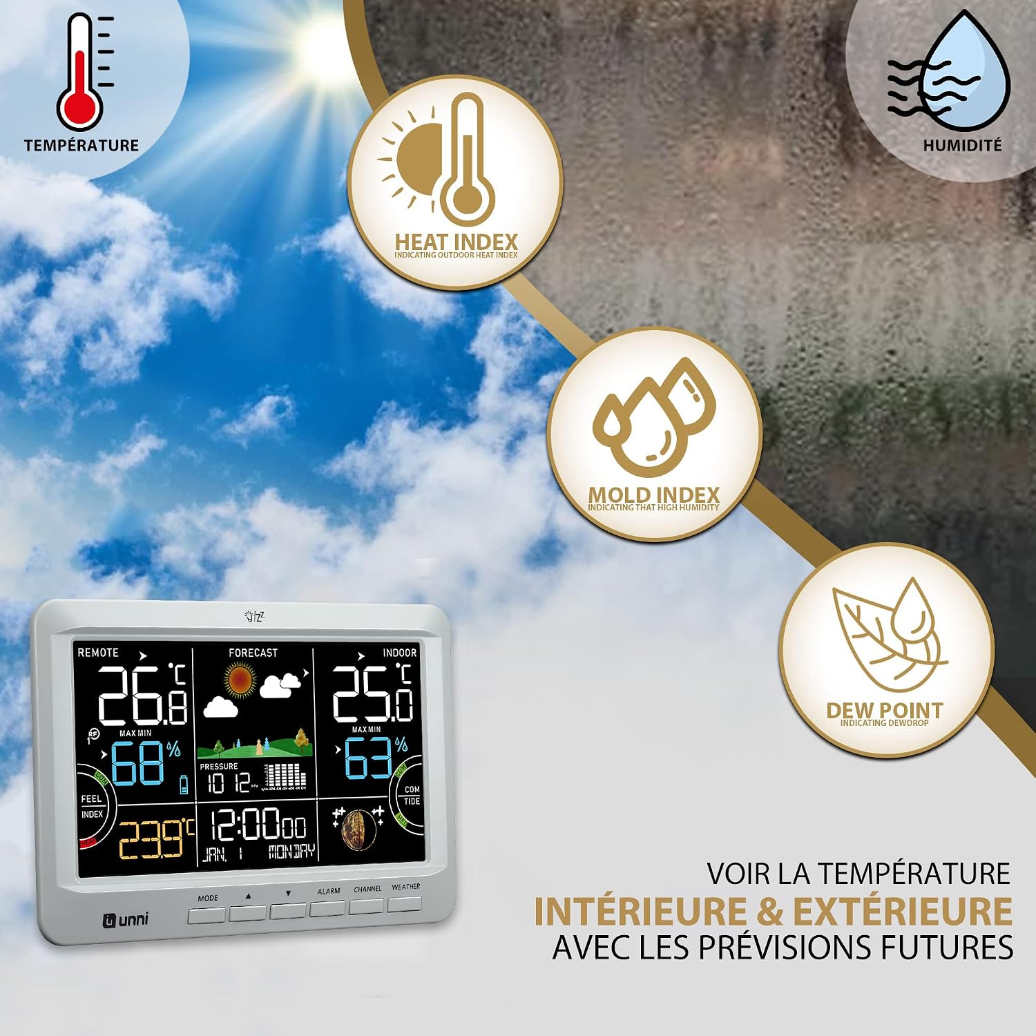 Detalle 2 de Station météo sans fil U UNNI avec thermomètre intérieur/extérieur, hygromètre, point de rosée et rétroéclairage réglable