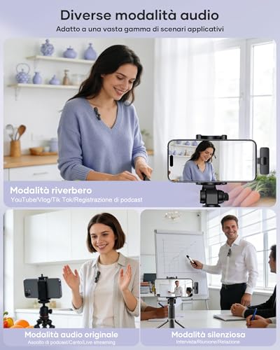Detalle de KUKIHO 2pz Microfono Lavalier Wireless per iPhone/Smartphone: kit 2 trasmettitori + ricevitore, plug-and-play