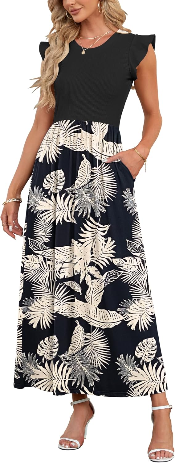 Detalle de AUSELILY Damen Sommer Maxi Kleid mit Taschen – Rundhals, Rüschen, Hohe Taille, Bodenlang