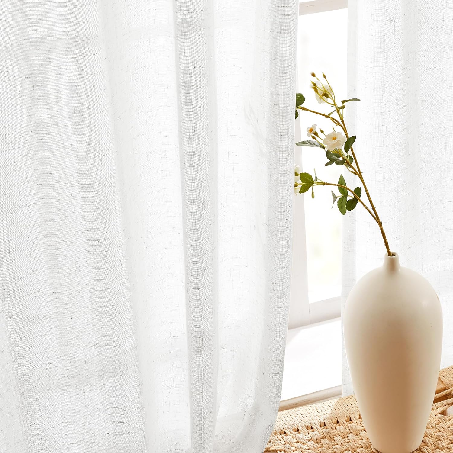 Thumbnail 2 de Deconovo Semi-Transparent Net Curtains: White Linen Sheer Voile, 2 Panels (55 x 54 Inches)