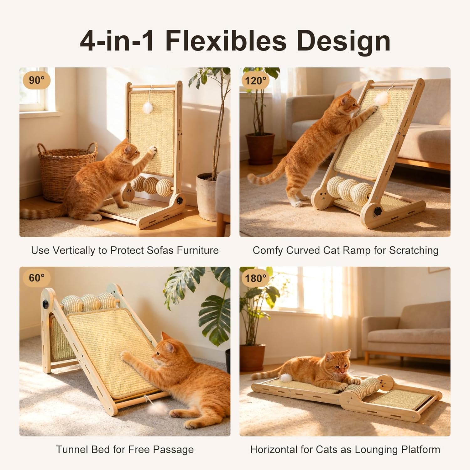 Detalle de DONWEI L-Shaped Sisal Cat Scratcher, 60cm Large – Natural Beech Wood with Multi-Angle Sisal Pad