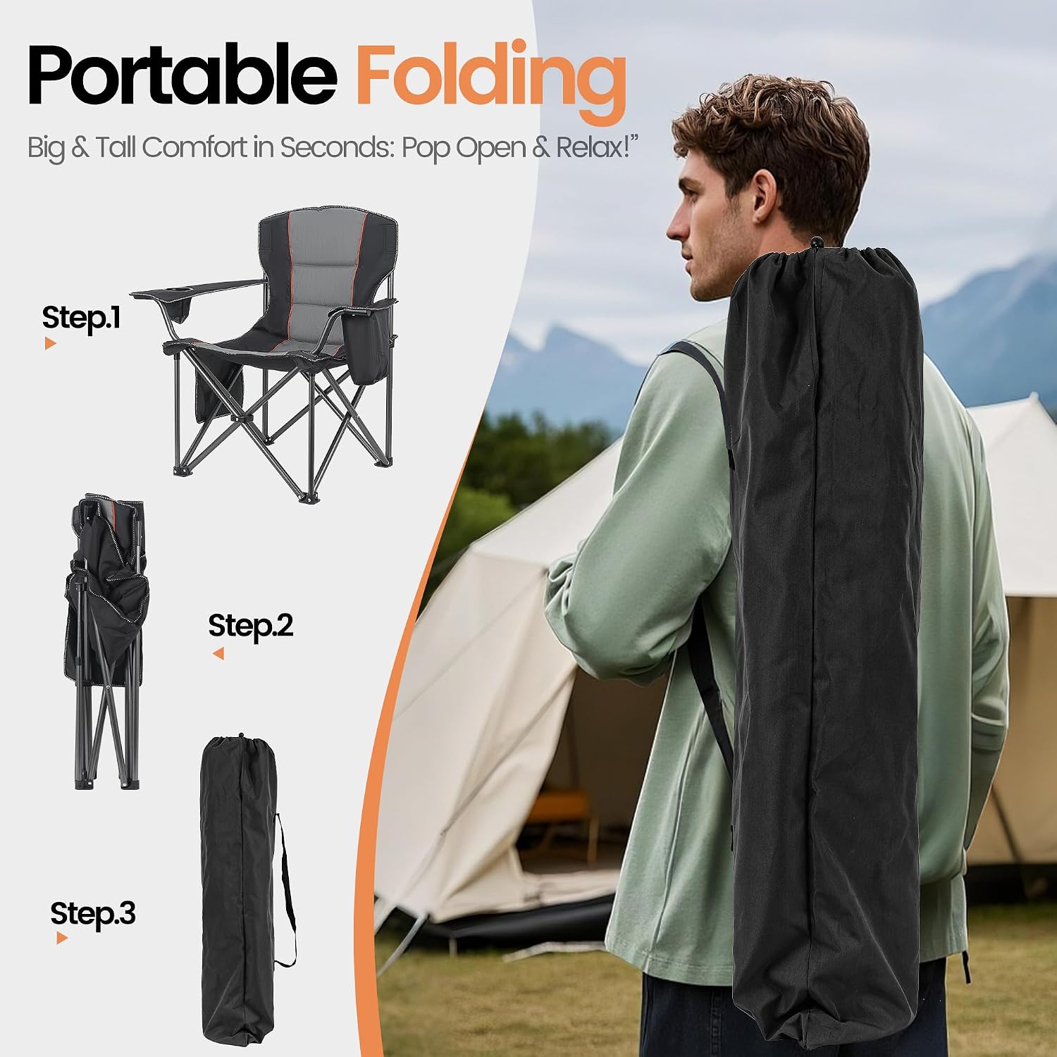 Thumbnail 5 de WEIDIORME Oversized Folding Camping Chairs, 2-Pack, 400 lb Capacity, Black