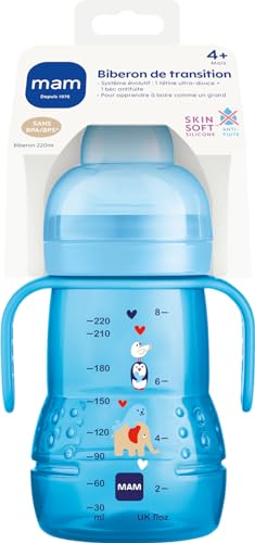 Detalle 2 de MAM Biberon de transition 4+ mois, 220 ml, bleu – tétine débit 3 et bec antifuites
