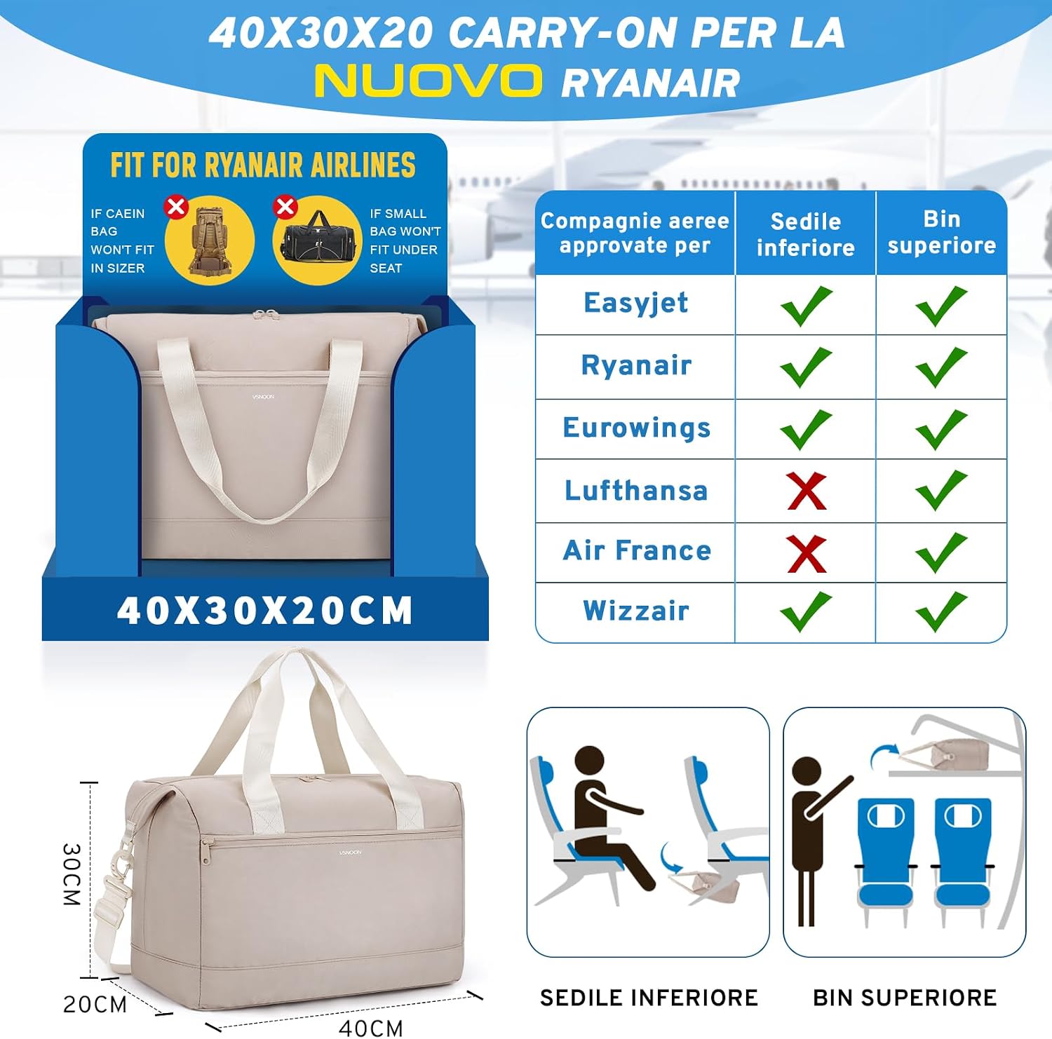 Detalle 2 de VSNOON bagaglio a mano 40x30x20 Ryanair 25L