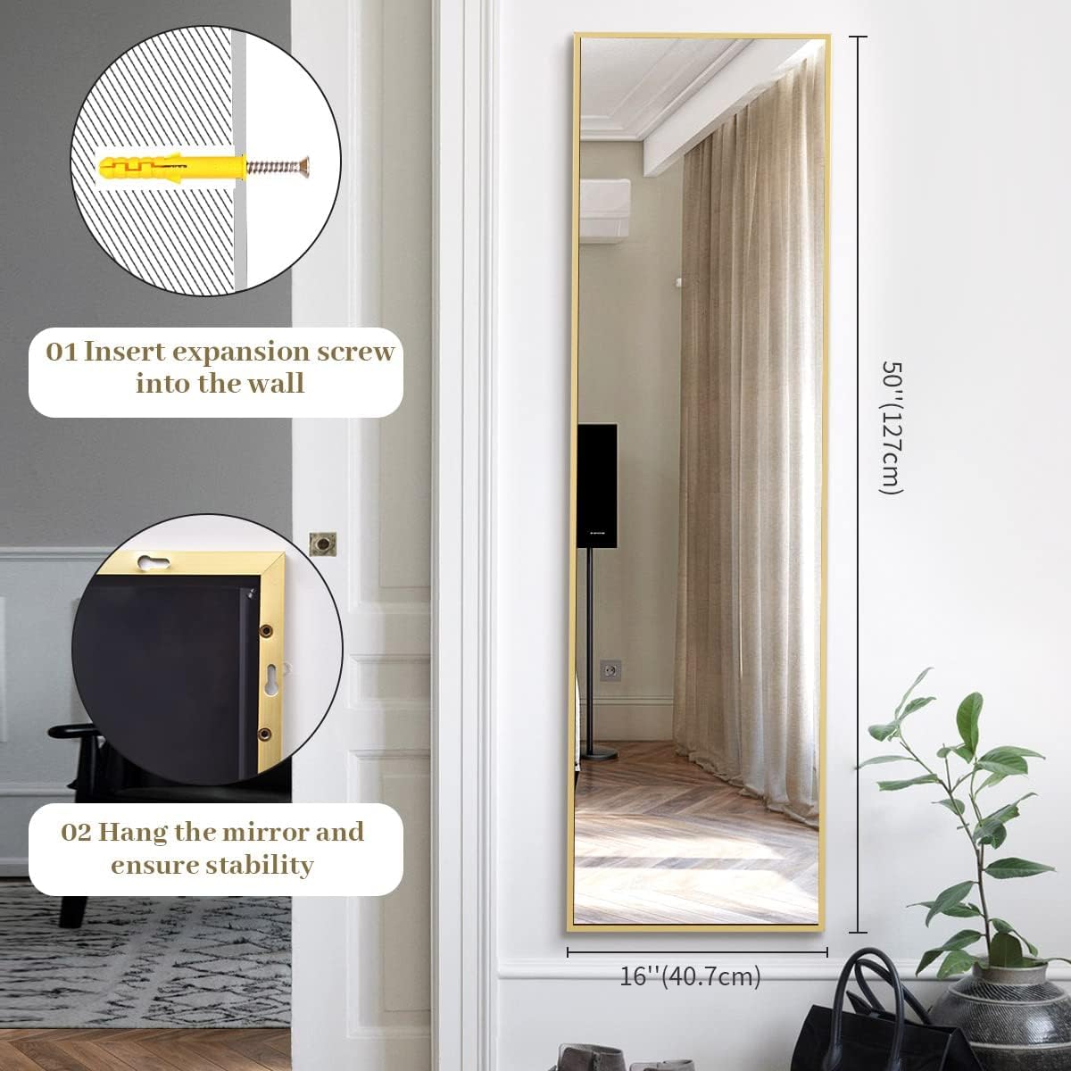 Thumbnail 6 de BEAUTYPEAK 16" x 50" Full-Length Mirror, Gold Aluminum Frame