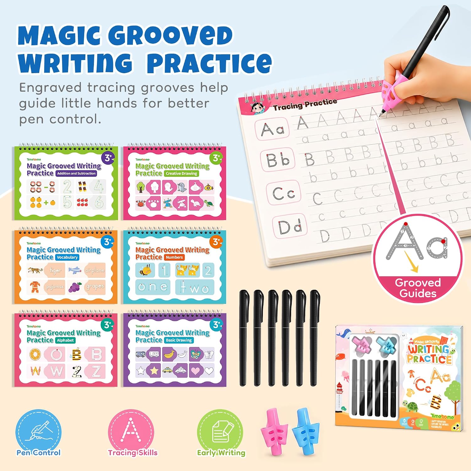 Detalle de Timetome Magic Grooved Writing Practice for Kids, 6 Reusable Books, Ages 3–8