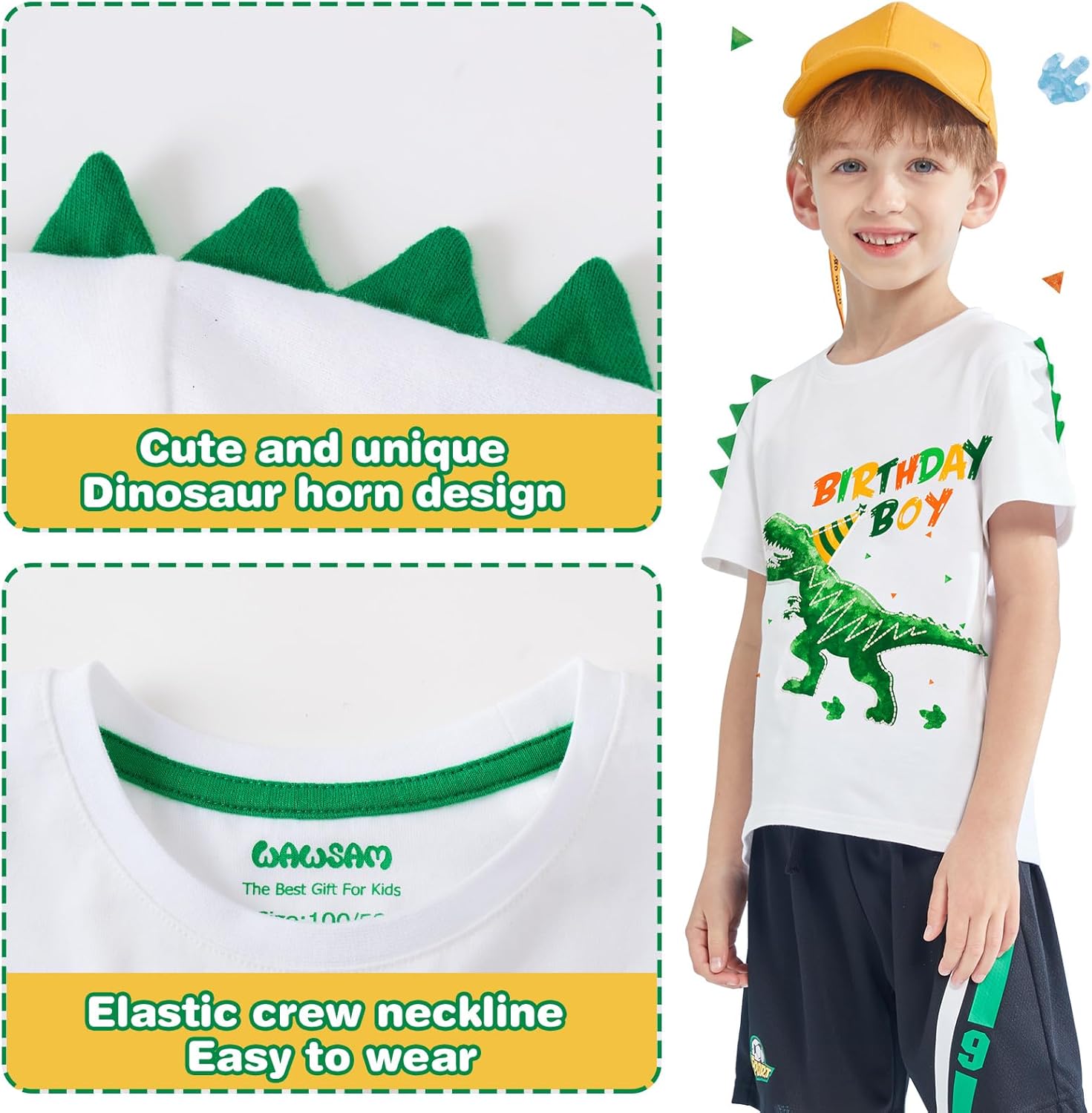 Thumbnail 3 de WAWSAM Birthday Boy Dino T-Shirt (T-Rex) – 100% cotton short-sleeve top for a dinosaur-themed party