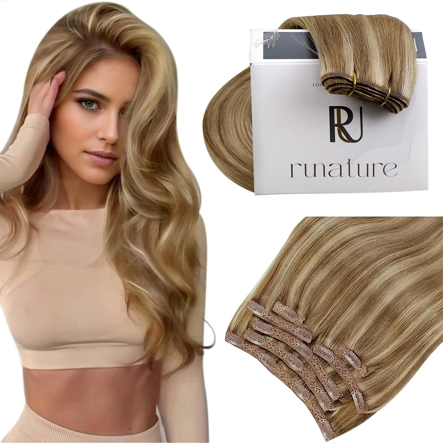 RUNATURE Extension Clip Capelli Veri 120g 35cm – 7 Pezzi Marrone Chiaro Biondi #10P16