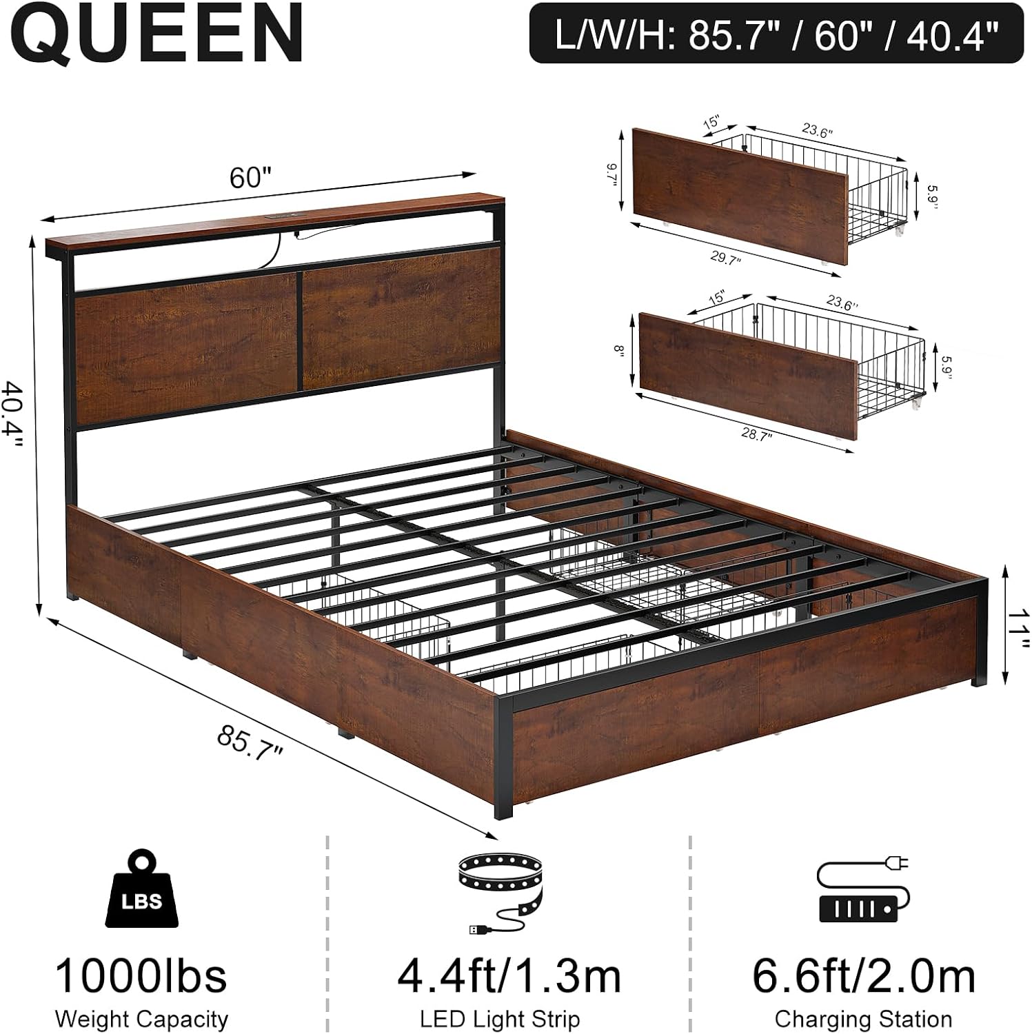 Detalle de HAUSOURCE Queen Bed Frame with Storage, LED Headboard and Charging Station