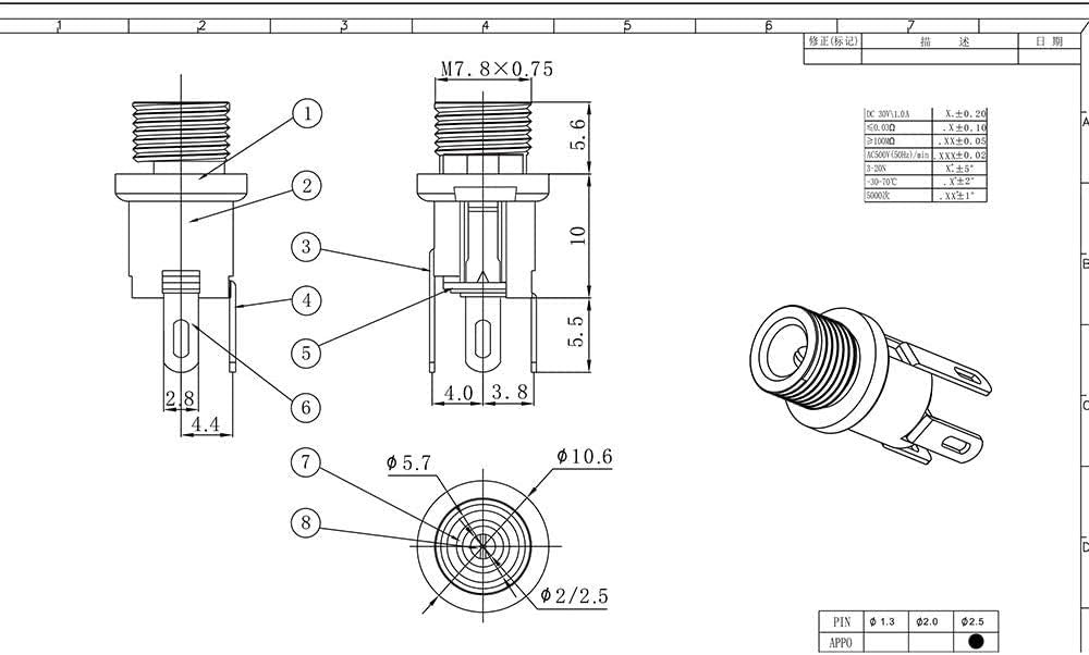 Detalle 2 de CLDIY 2.5 mm DC Power Jack – Panelmontage, 20 Stück, 3-Klemmen, 8 mm Gewindebohrung