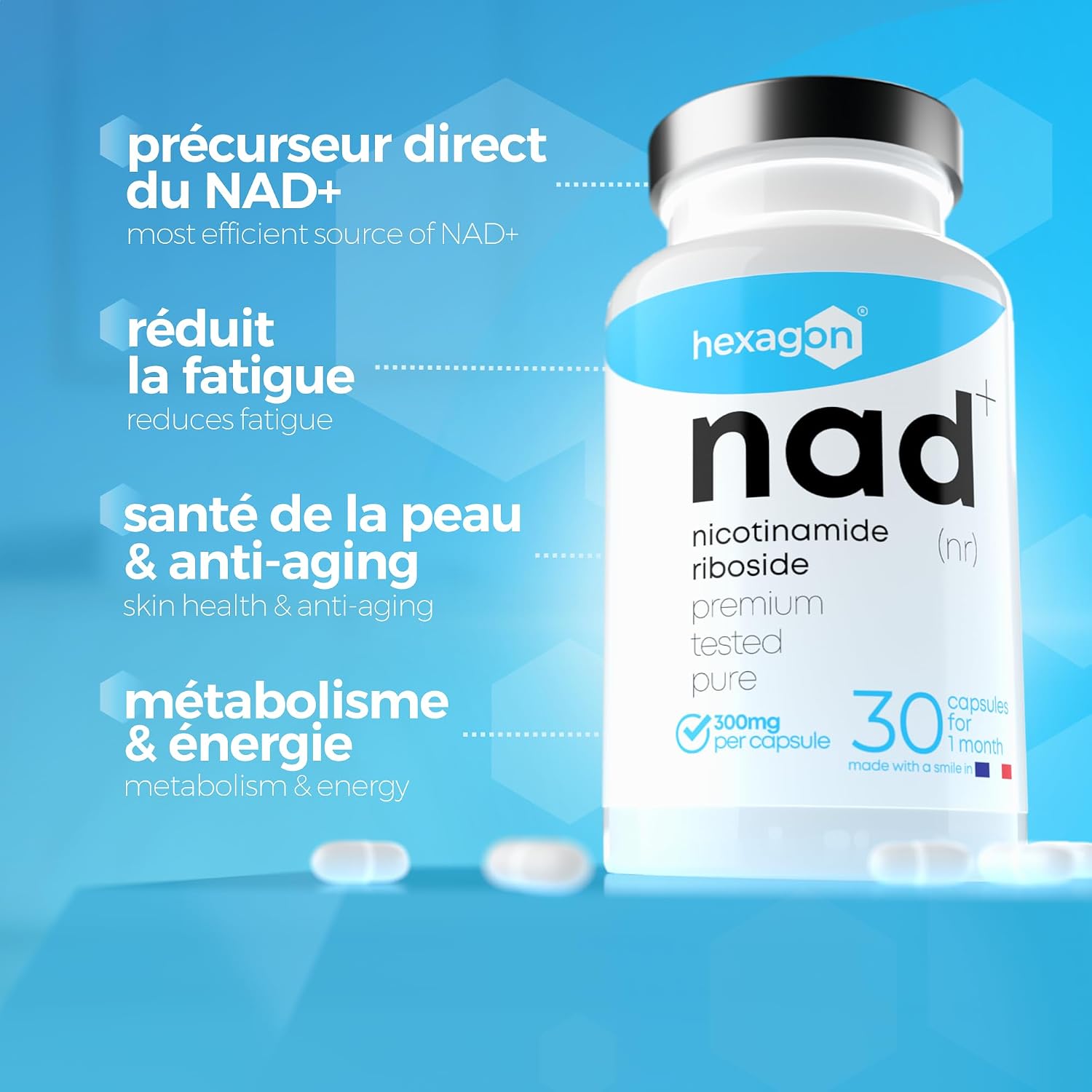 Thumbnail 2 de NAD+ Nicotinamide Riboside Chloride 300 mg – Cure d’un mois (30 gélules véganes) – Fabriqué en France