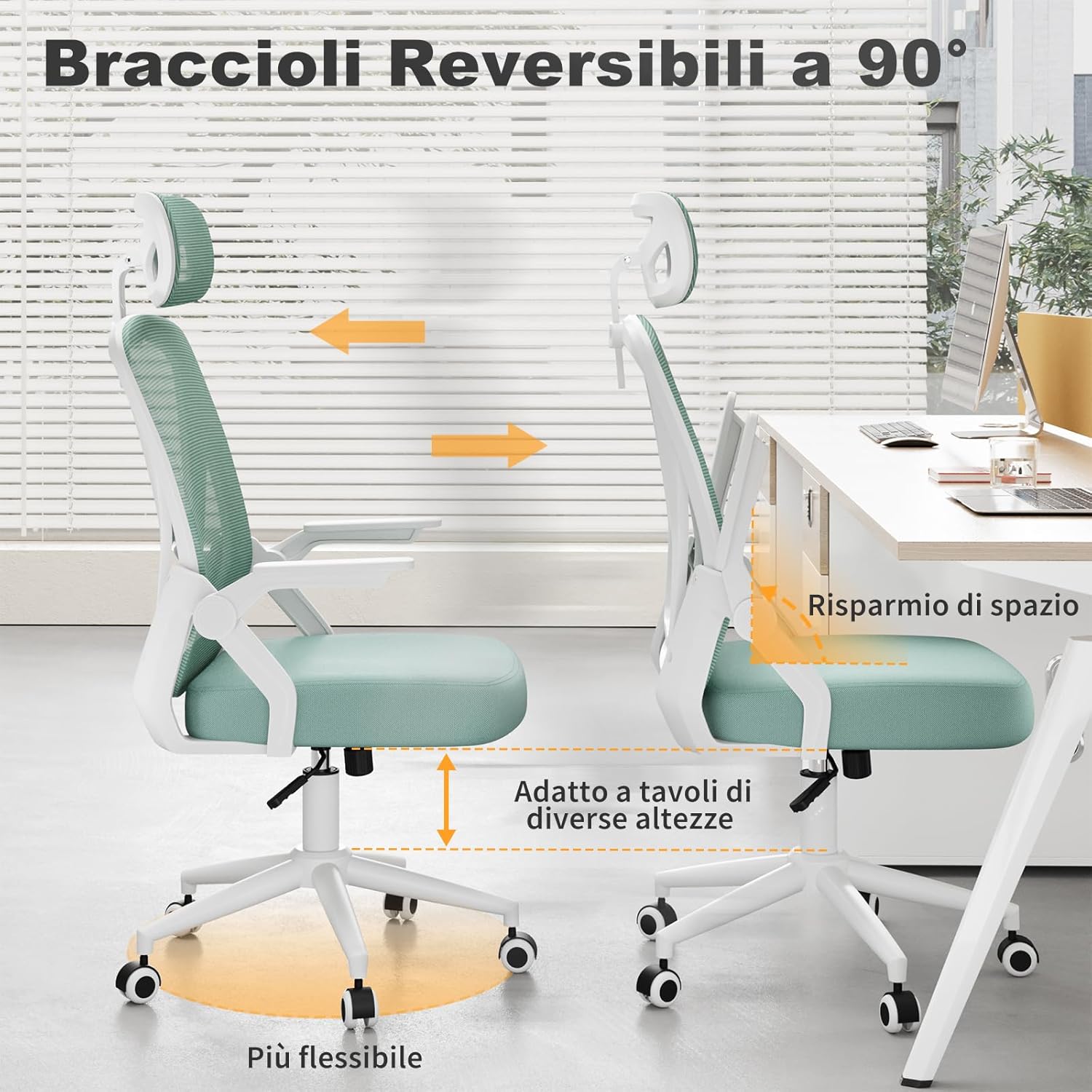 Detalle 2 de Naspaluro Sedia da Ufficio con Braccioli Ribaltabili a 90° – Ergonomica, Sedie Scrivania a 360°