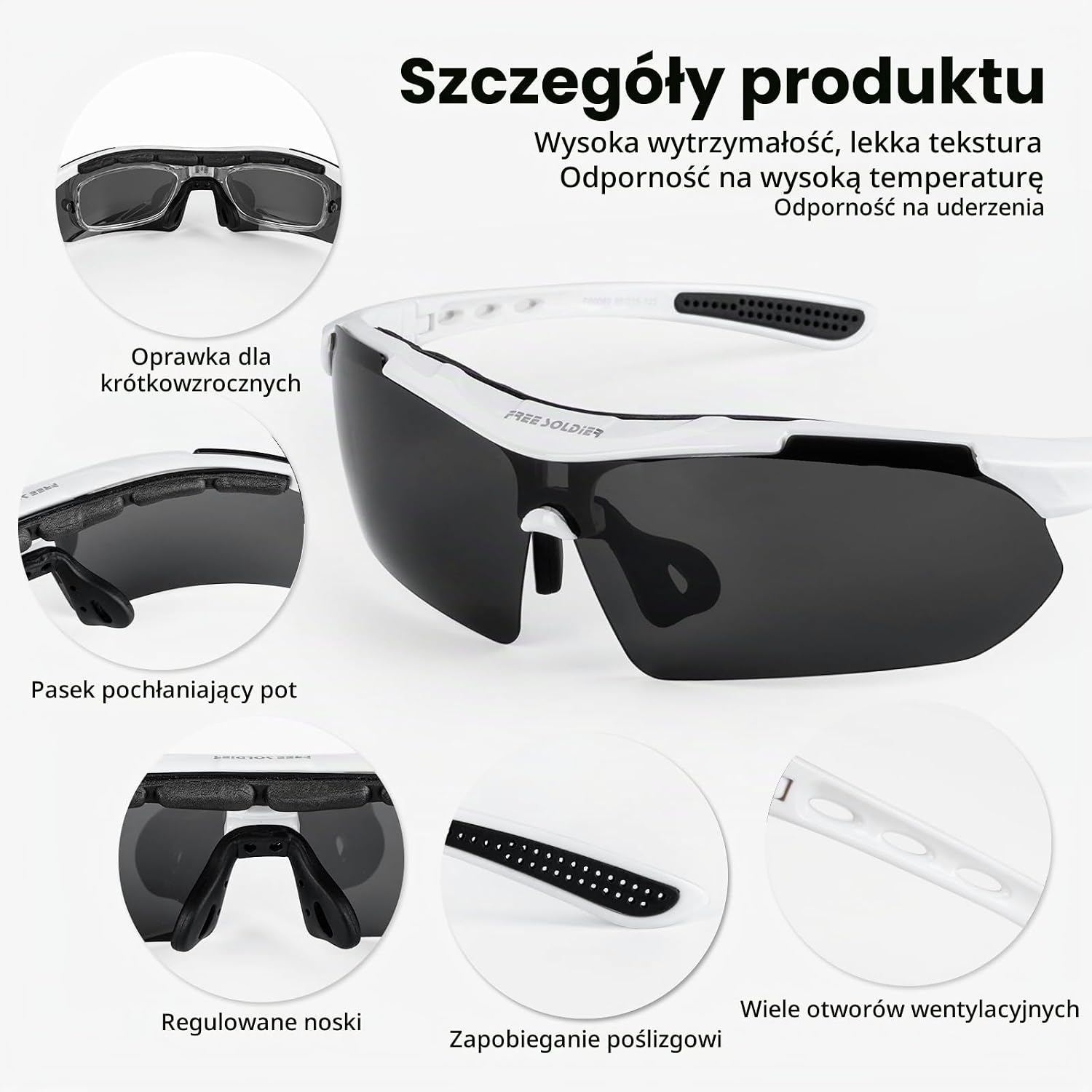 Detalle 2 de FREE SOLDIER 0089 – okulary kolarskie z 5 wymiennymi soczewkami UV400