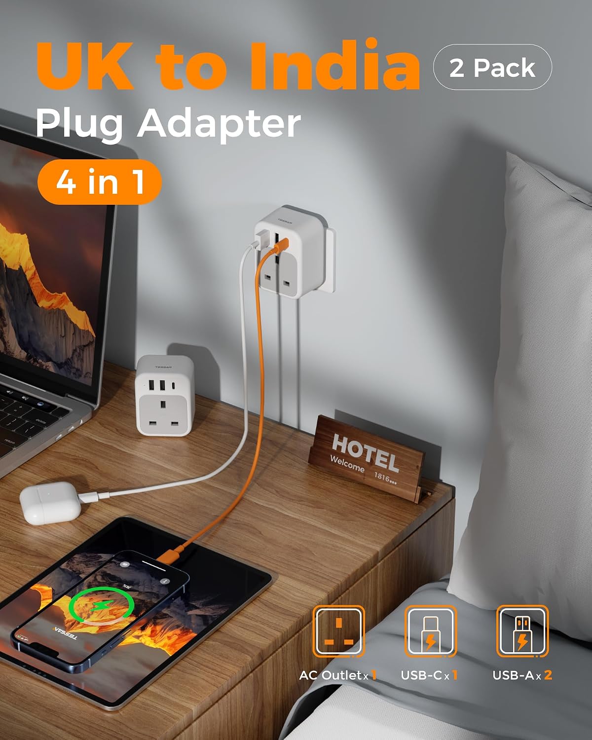 Thumbnail 2 de TESSAN UK to India Travel Adapter 2-pack 🔌