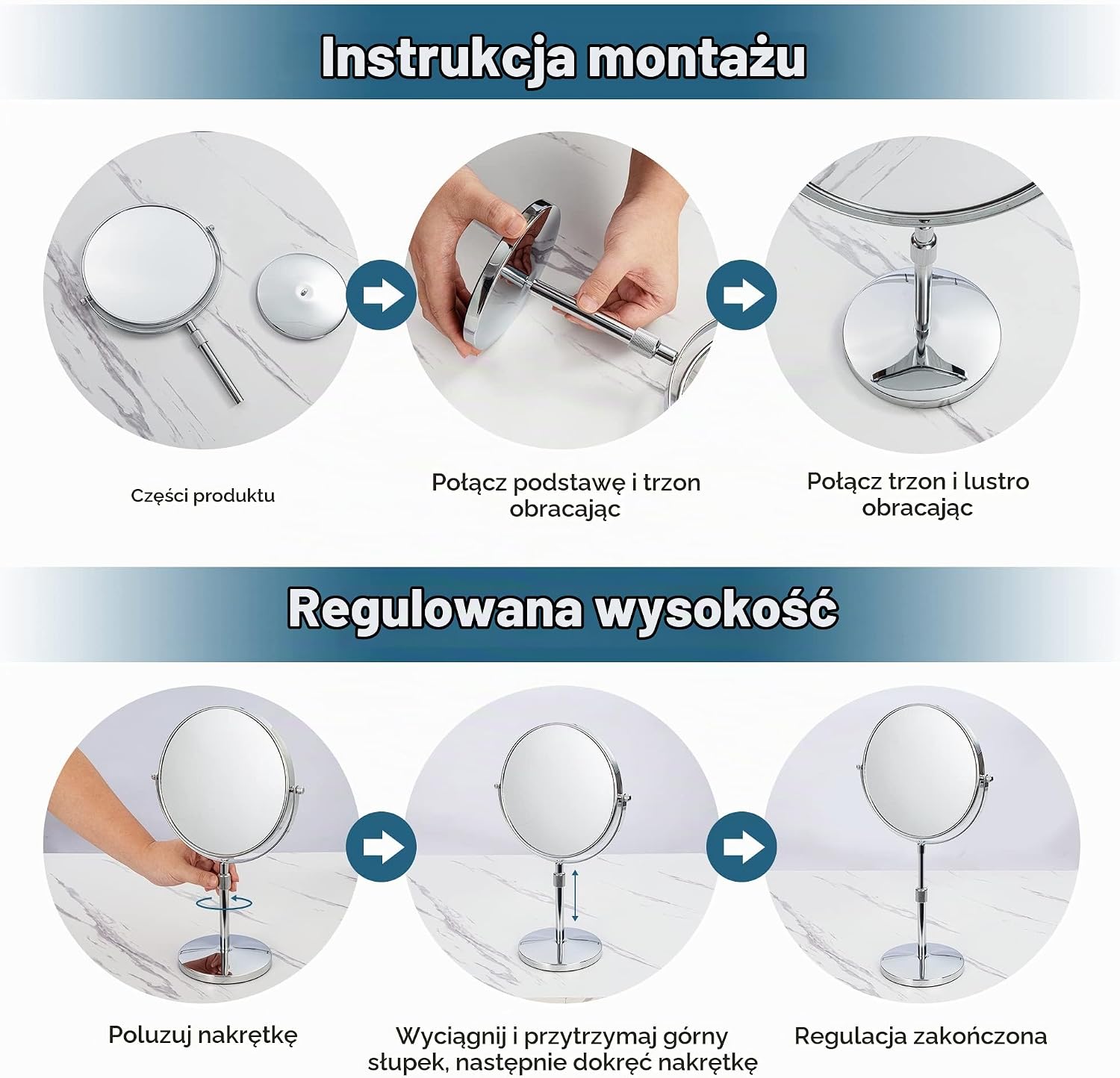 Detalle de HOMEMIRO – okrągłe lustro do makijażu, regulowana wysokość, 1x/10x, obrót 360°