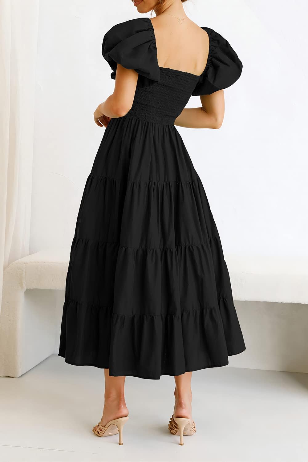 Thumbnail 3 de PRETTYGARDEN Women's Casual Summer Midi Dress: Puff Sleeve, Square Neck, and Tiered Ruffle Charm