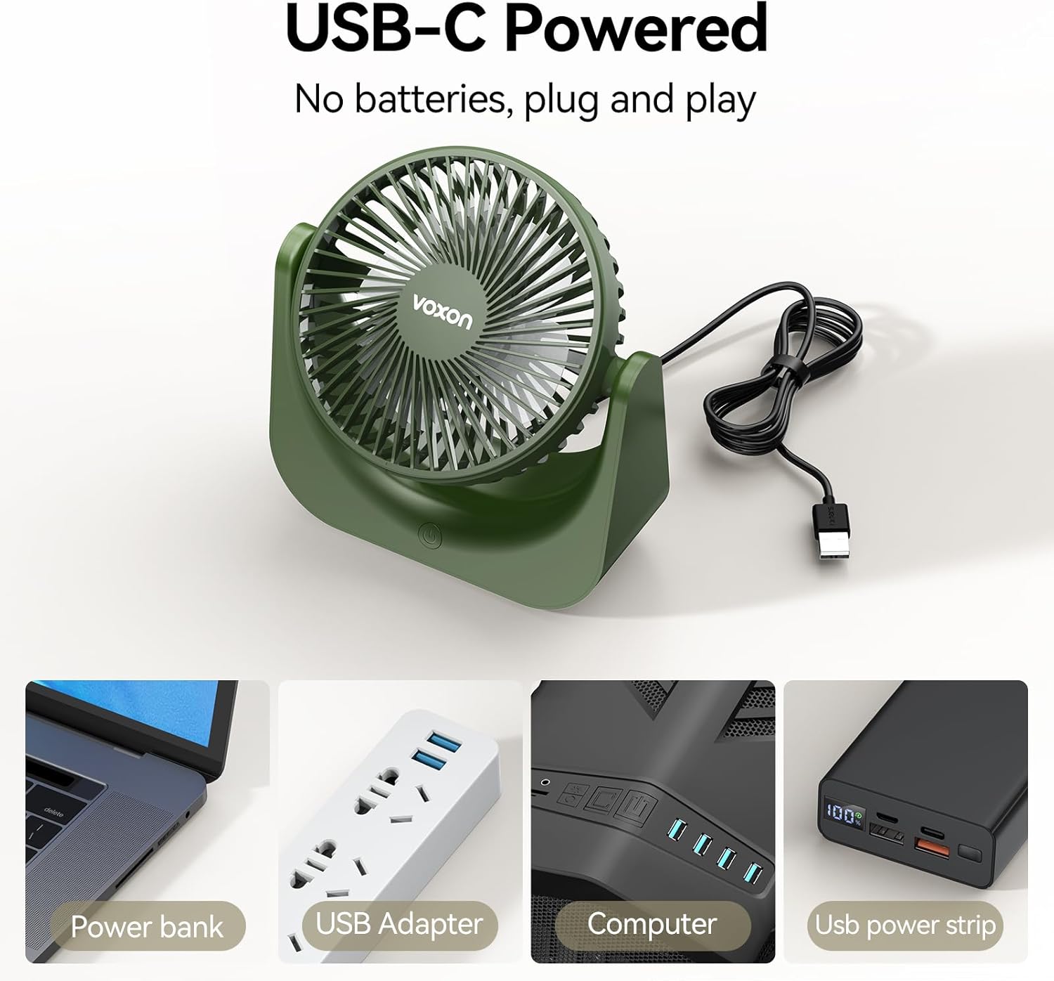 Thumbnail 5 de VOXON Desk Fan with 5 Speeds – USB-A Powered, 90° Rotation, Quiet 1.5m Cable
