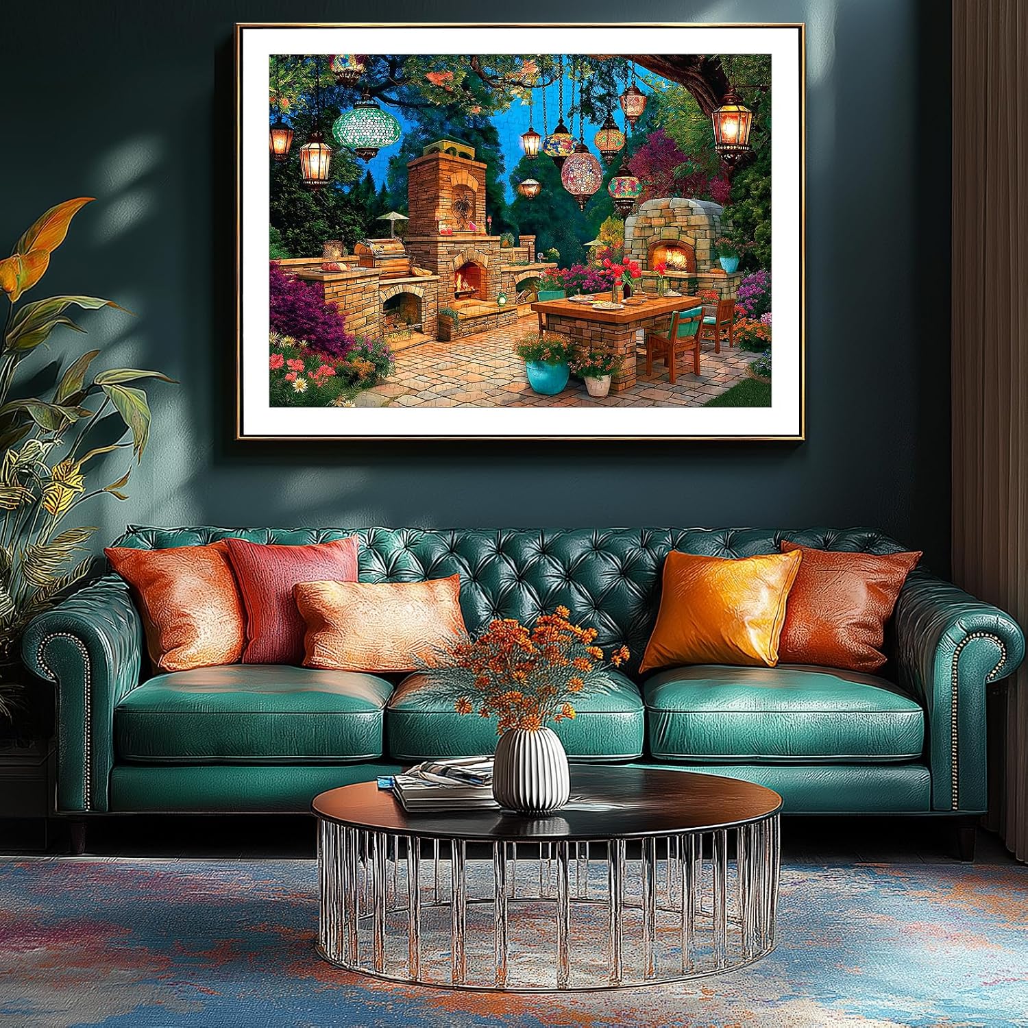 Detalle 2 de Blueforest 1000-Piece Jigsaw Puzzle for Adults – Enchanted Garden Patio: Mosaic Lanterns, Stone Fireplaces & Night Blooms (27.5x19.7 in.)