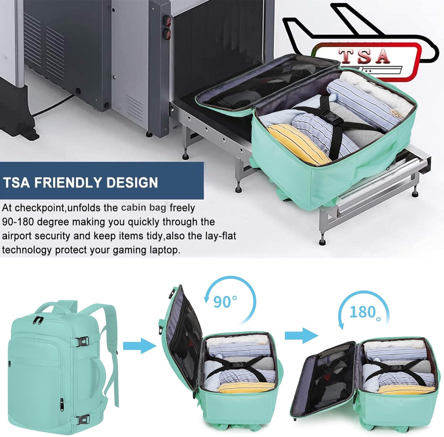 Thumbnail 6 de ENZOSUM Bagages Cabine 40x20x25, Sac à Dos de Voyage Vert pour Ryanair et 14'' Laptop