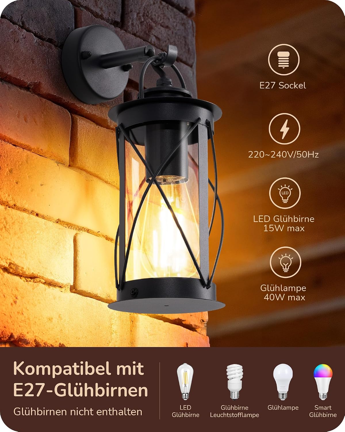 Detalle 2 de EDISHINE Wandleuchte Außen/Innen – Retro-Design mit Aluminiumrahmen, IP44, E27