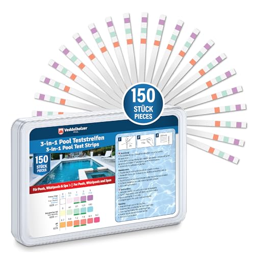 Detalle de Veddelholzer 3-in-1 Pool Teststreifen (150 Stück) – Wassertester für pH, freies Chlor & Alkalinität