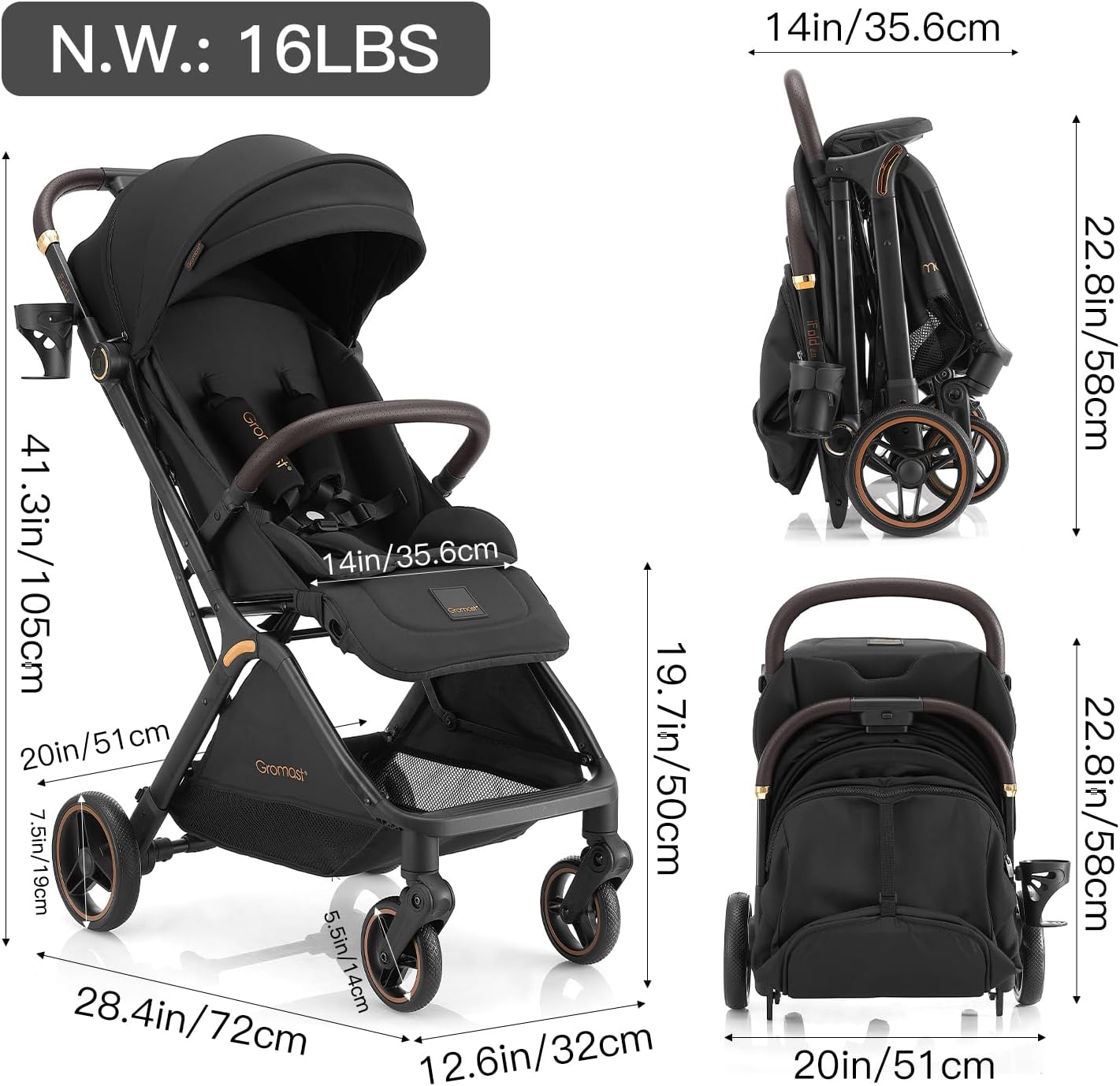 Thumbnail 5 de Gromast Gravity passeggino pieghevole da viaggio con schienale regolabile e tettuccio UPF50+, nero