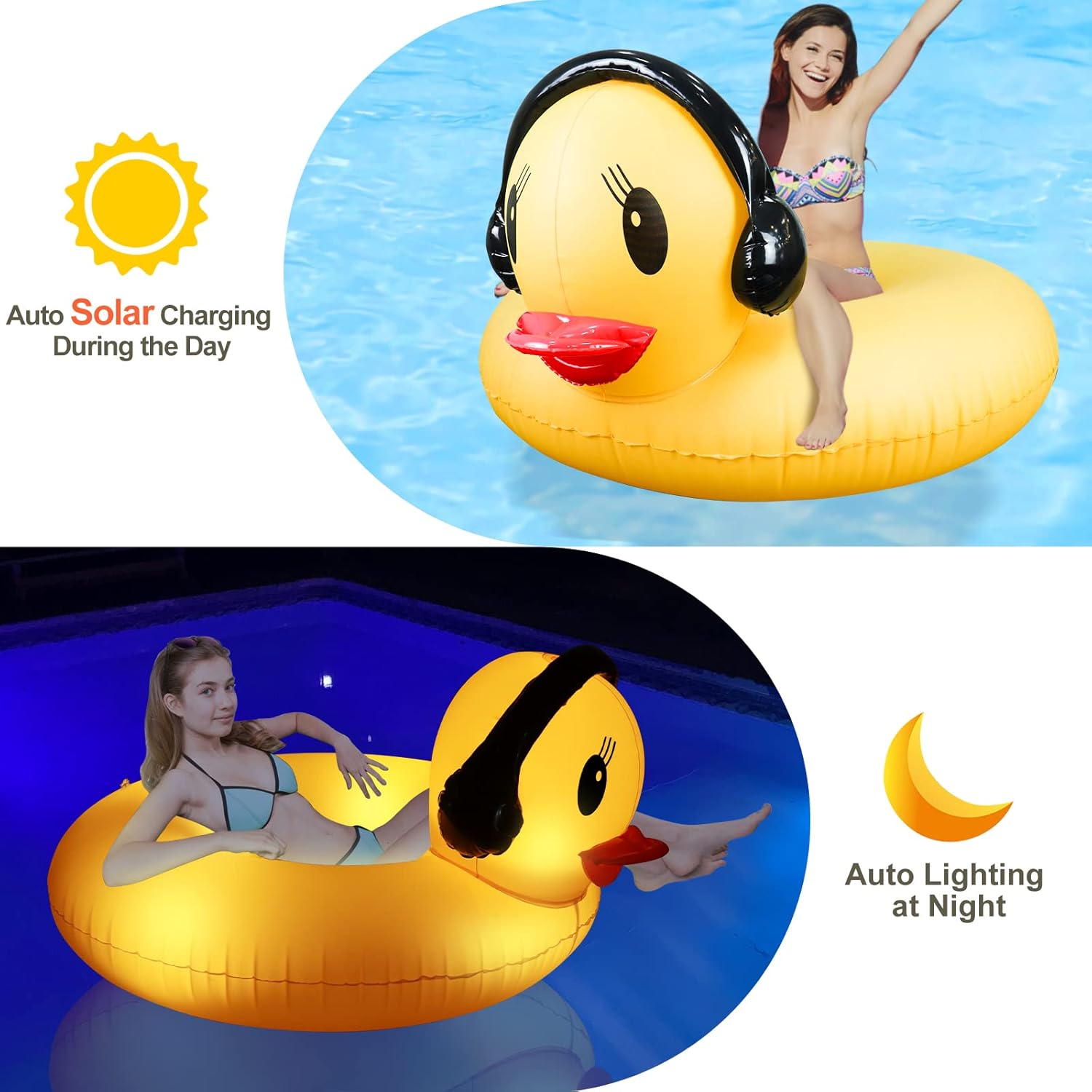 Detalle de DeeprBetter Pool Aufblasbarer Schwimmtier Gelbe Ente mit Licht, Solarbetrieben 107 cm –2-in-1 Poolschwimmer und Leuchte