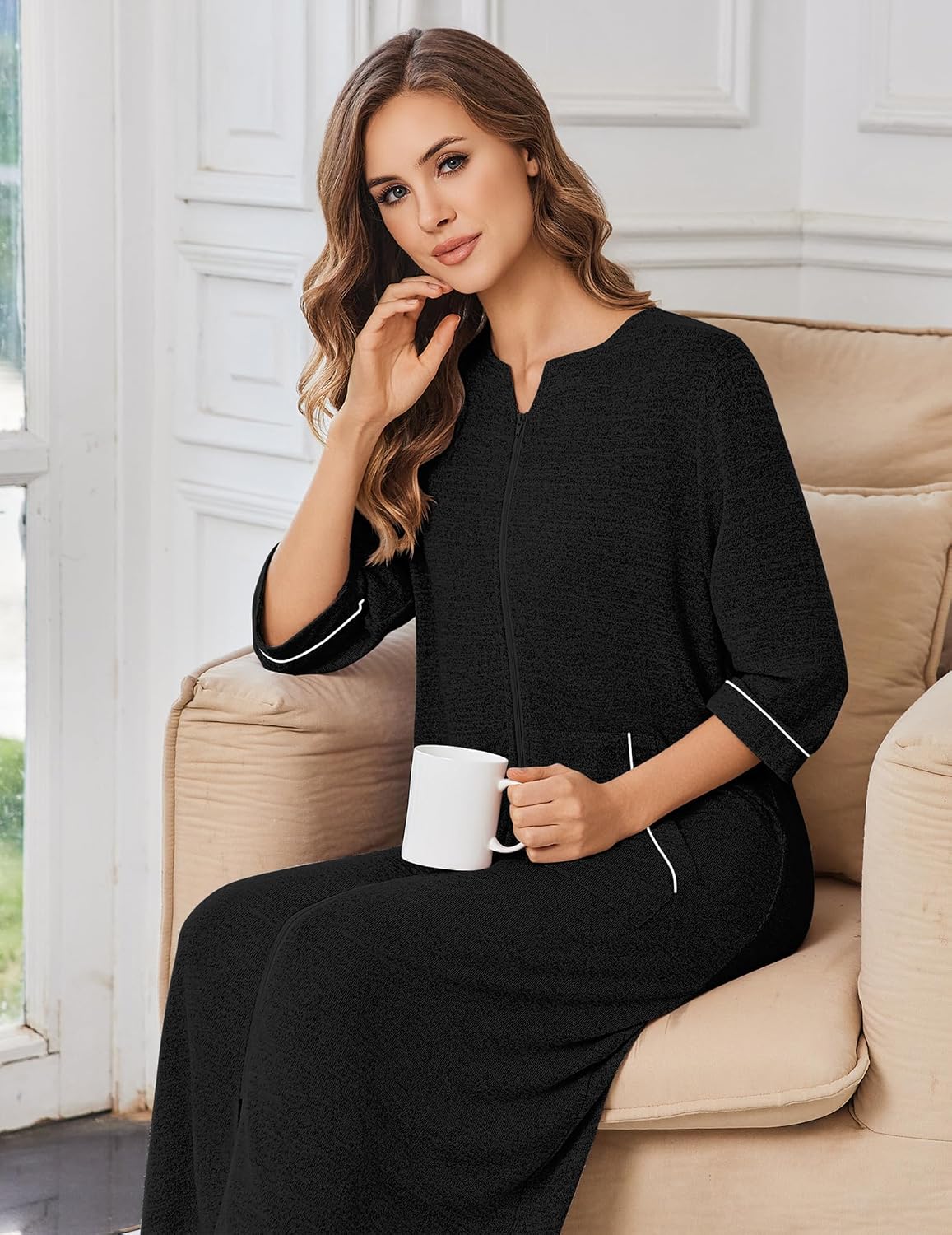 Detalle de Ekouaer Women's Zipper Robe