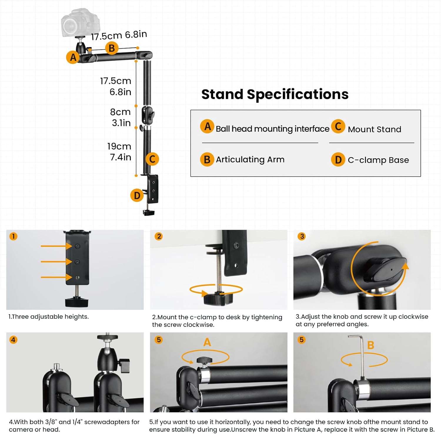 Thumbnail 4 de TARION Trépied supérieur pour caméra avec bras articulé flexible 360° et vis 3/8” / 1/4” (M)