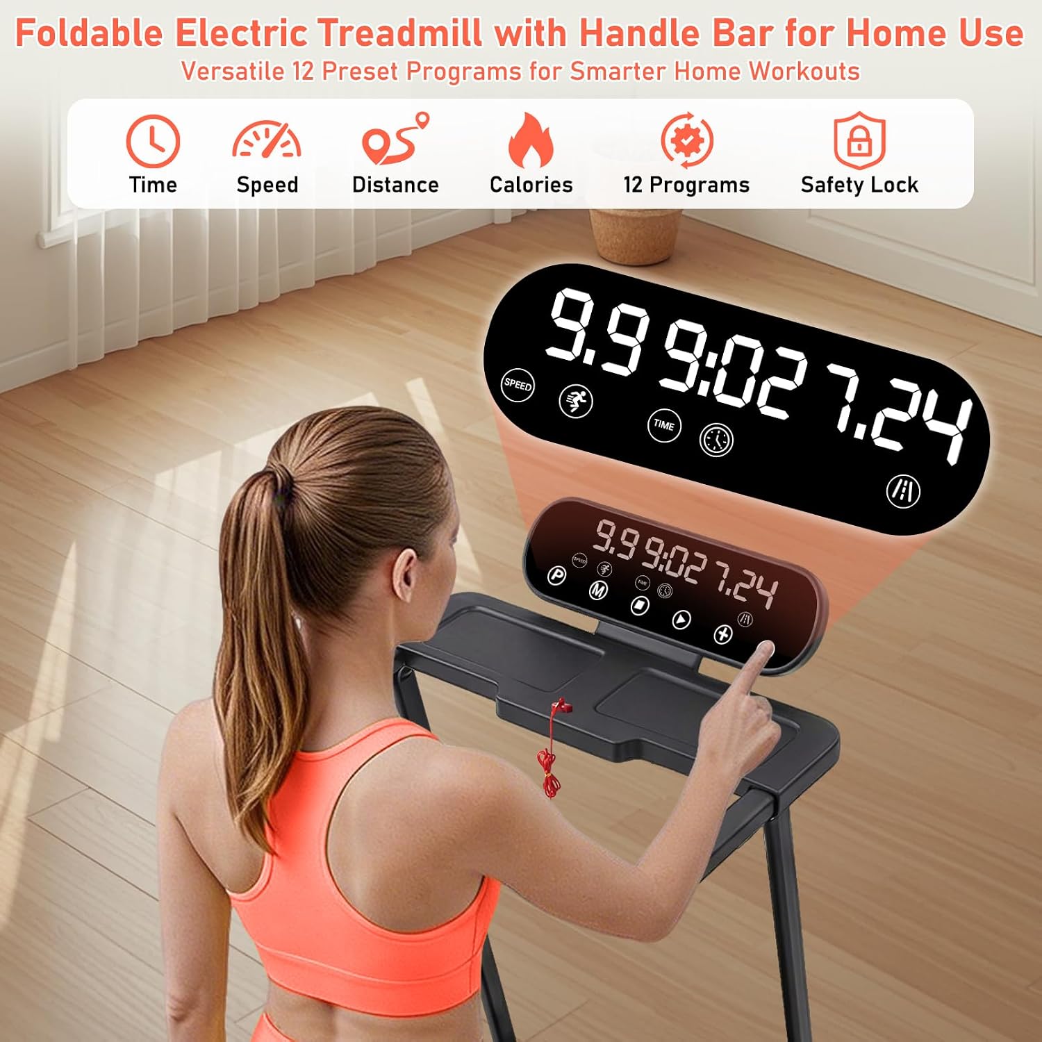 Detalle 1 de MCRG 380QM-5L6 Walking Pad Treadmill with Incline, 3.5 HP, 12 Programs