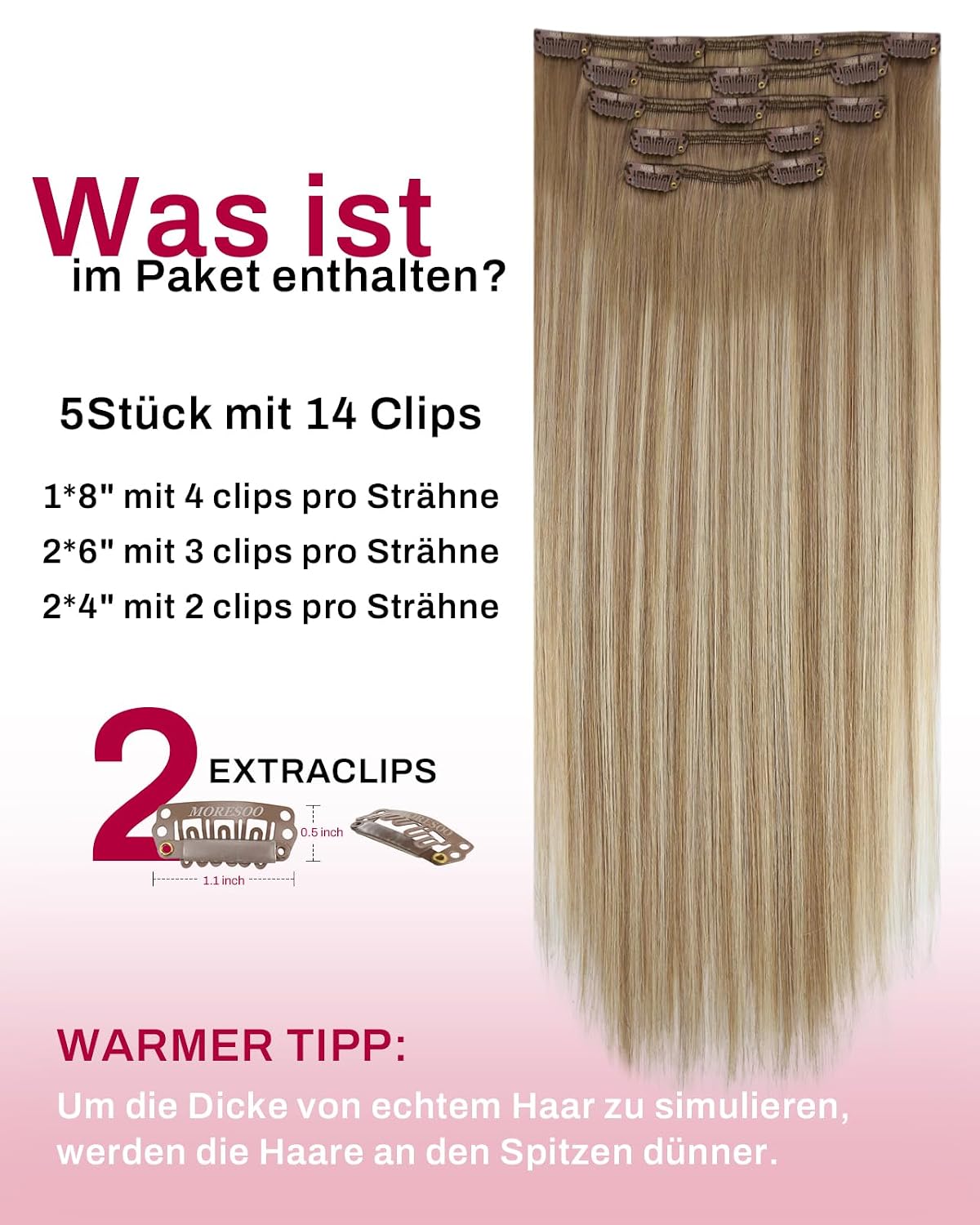Detalle de Moresoo Clip-in Echthaar Extensions: Wurzelbraun zu Hellbraun mit Platinblond, 50 cm – 5 Stück, 80 g