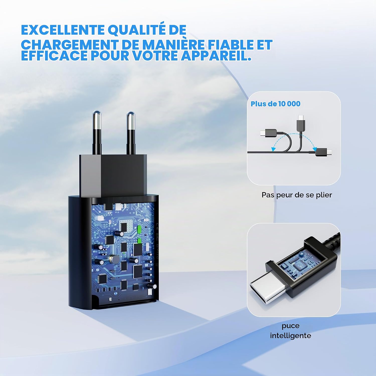 Detalle de JupptElectronics EP-TA20CXH snelladerset met QC 3.0 en USB-C-kabels van 2 m