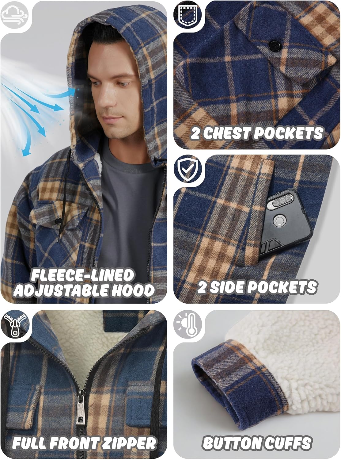 Detalle de Ceoutdoor Men's Flannel Jacket, Sherpa-Lined