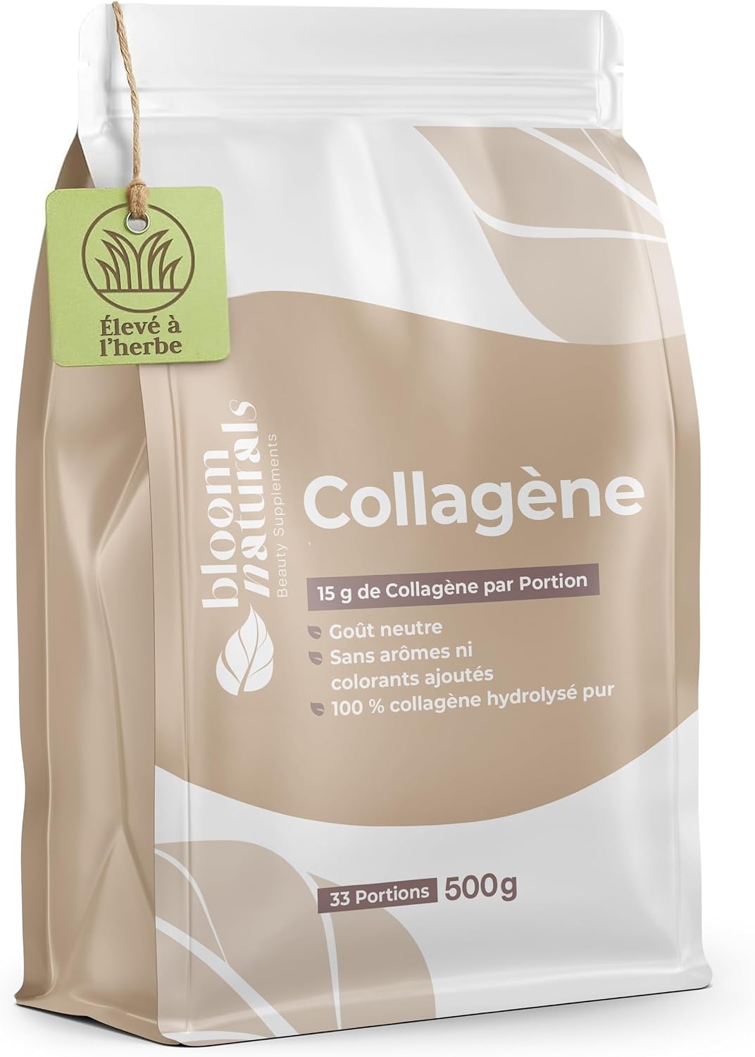 Detalle de Bloom Naturals Beauty Supplements Collagène en poudre 500 g (15 g par portion) – 100% collagène hydrolysé, goût neutre – 33 portions