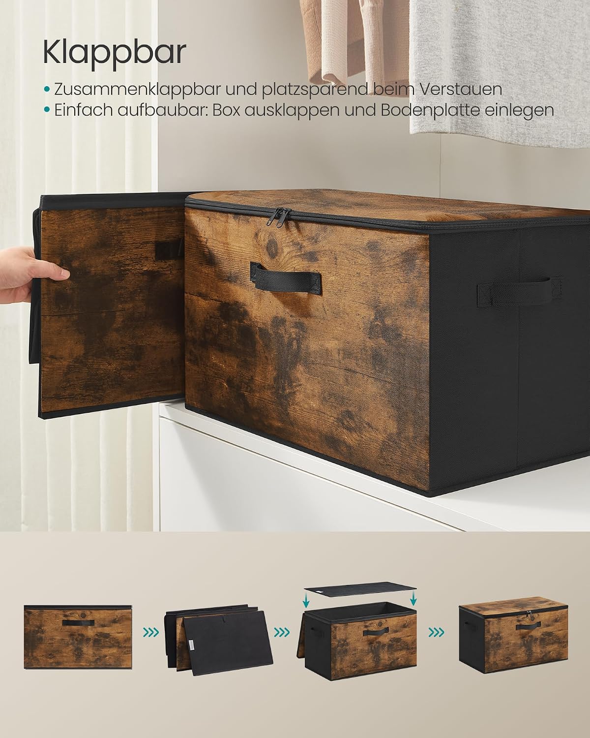 Detalle de SONGMICS Aufbewahrungsbox mit Deckel (6er Set) faltbar, mit Griffen – Vliesstoff, vintagebraun RYZ103BH03, 40 x 30 x 25 cm